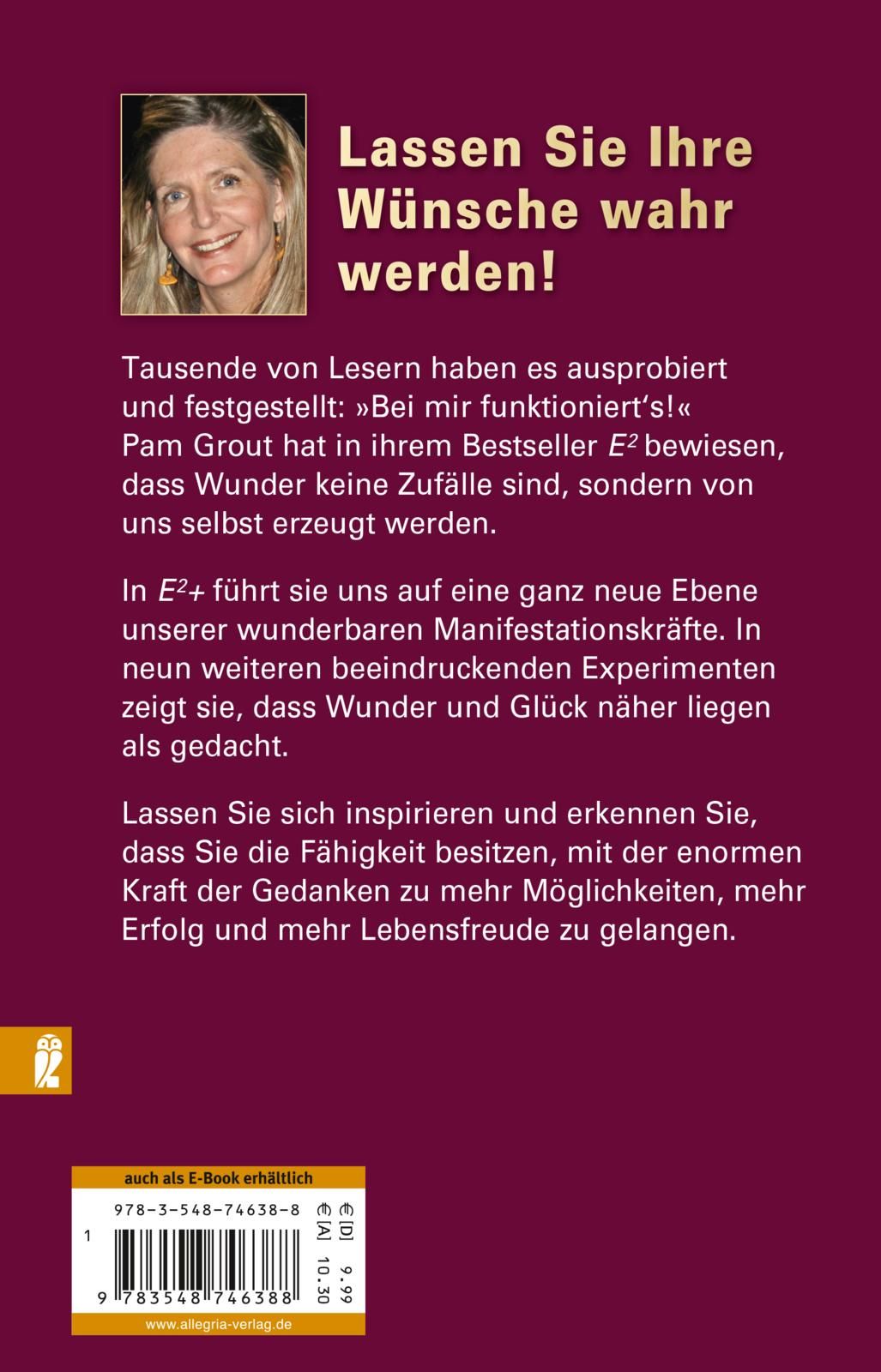 Buchrückseite mit Text. Autorin Pam Grout. Verlag Allegria. ISBN und Preisangaben.