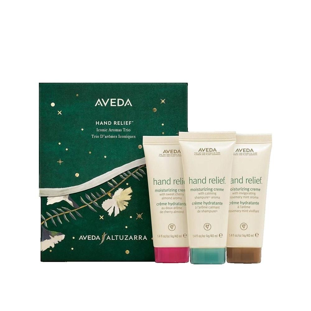 Geschenkset mit drei Handcremes und einer Schachtel. Cremes in Rosa, Türkis und Braun. Text: Aveda Hand Relief.