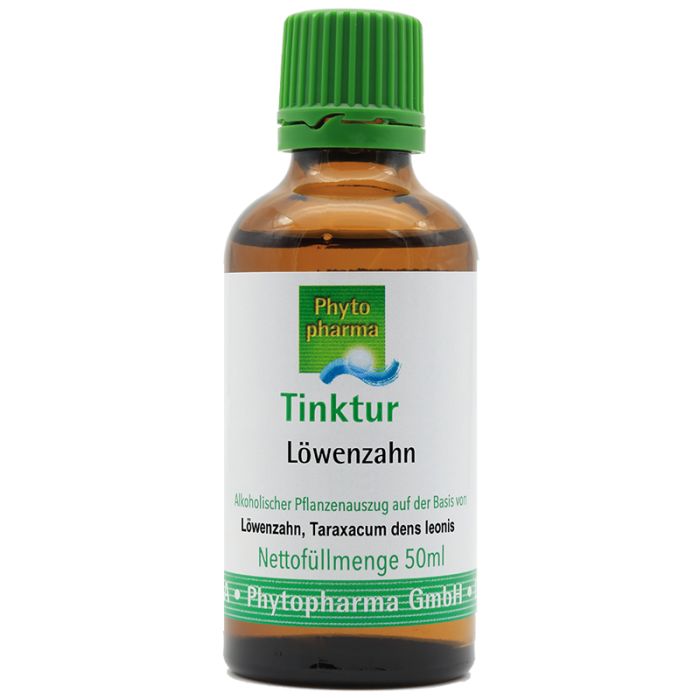 Braune Glasflasche mit grünem Verschluss. Etikett mit "Tinktur Löwenzahn" und "Phytopharma".