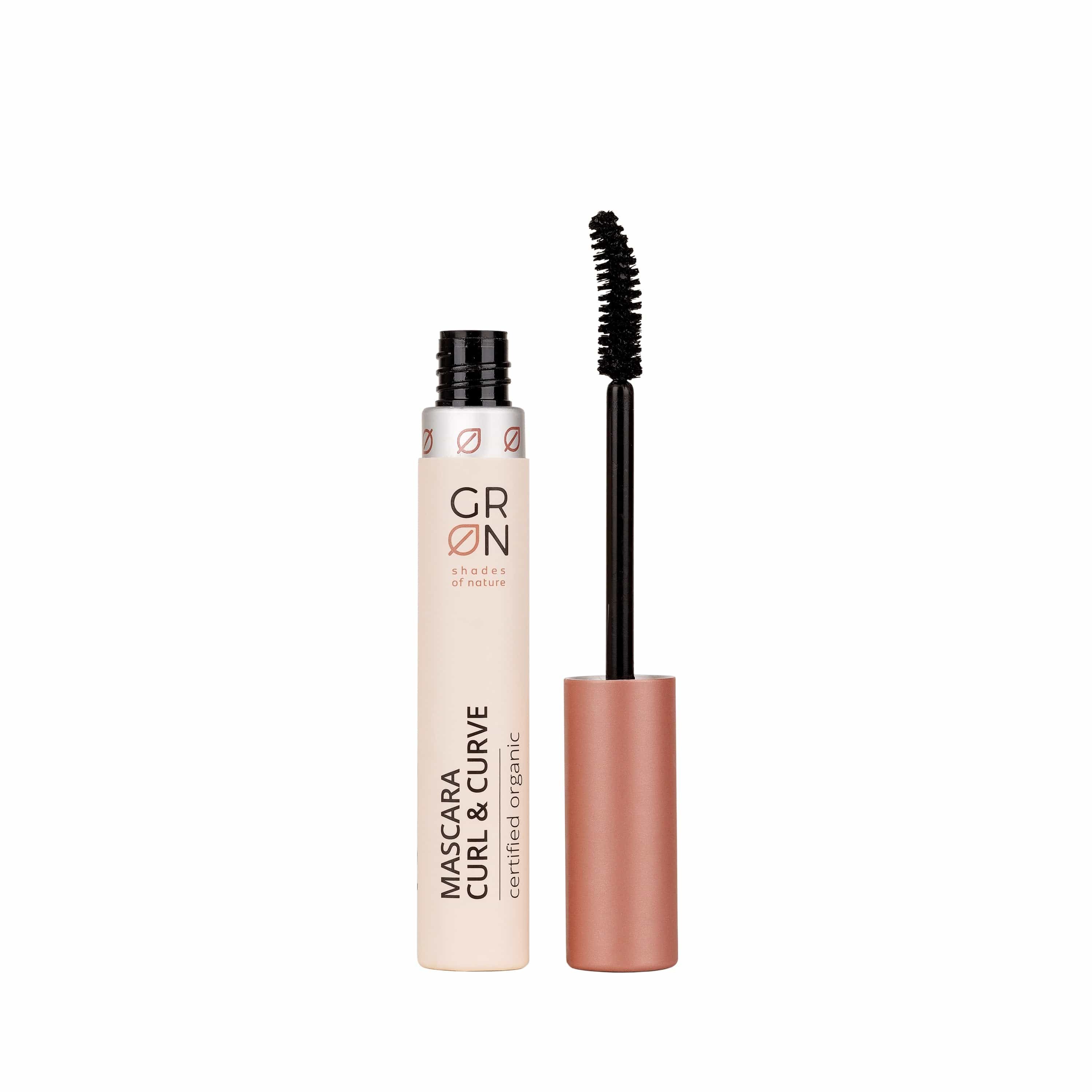 Mascara-Tube mit schwarzer Bürste. Aufschrift: GRN Mascara Curl & Curve. Zertifiziertes Bio-Produkt.