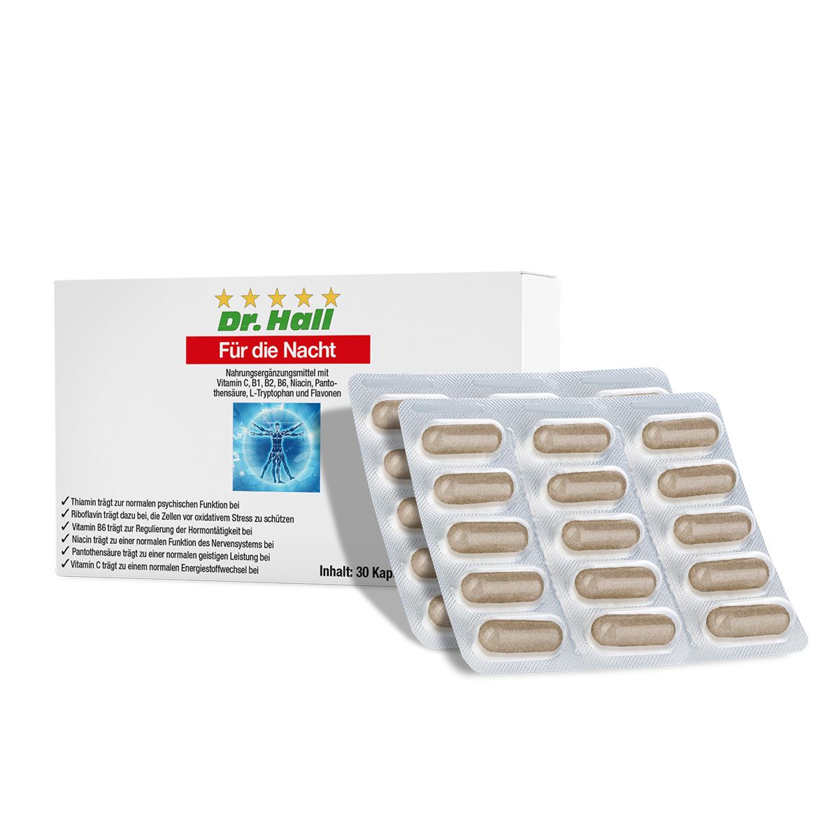 Weiße Schachtel "Dr. Hall Für die Nacht" und drei Blisterpackungen mit Kapseln. 30 Kapseln pro Packung.