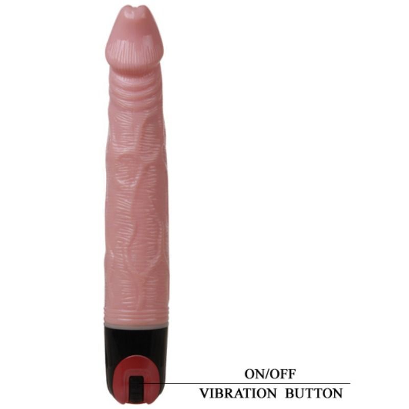 Rosa Vibrator mit schwarzem Griff und rotem Knopf. Beschriftung: ON/OFF VIBRATION BUTTON.
