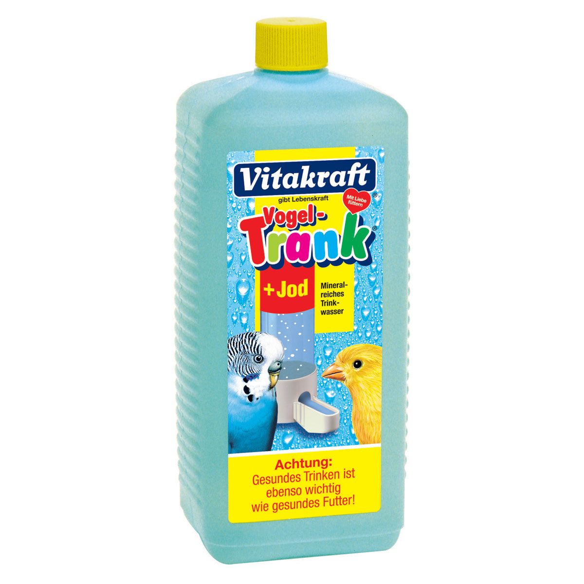 Hellblaue Flasche mit gelbem Deckel. Aufkleber mit Produktnamen, Vogel-Illustrationen und Text. Enthält Jod.