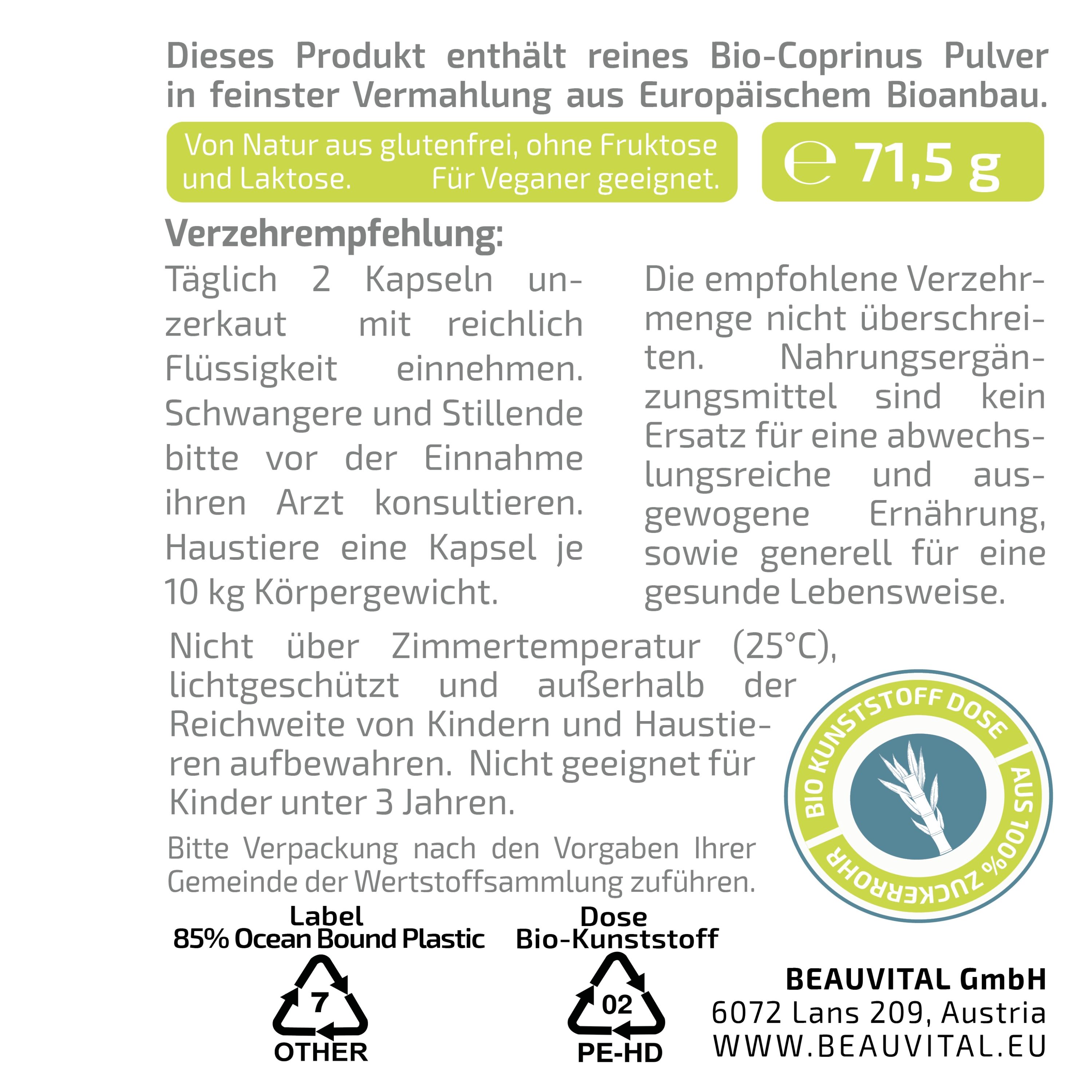 BEAUVITAL® Pure Bio Schopftintling Kapseln, (Coprinus comatus) aus EU-Anbau