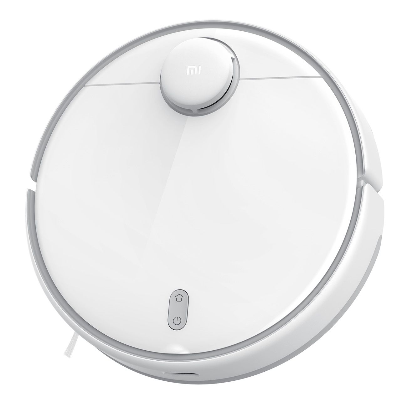 Weißer, runder Roboterstaubsauger mit grauen Akzenten. Oben mittig ein Knopf mit Logo. Zwei Knöpfe und ein Anschluss.