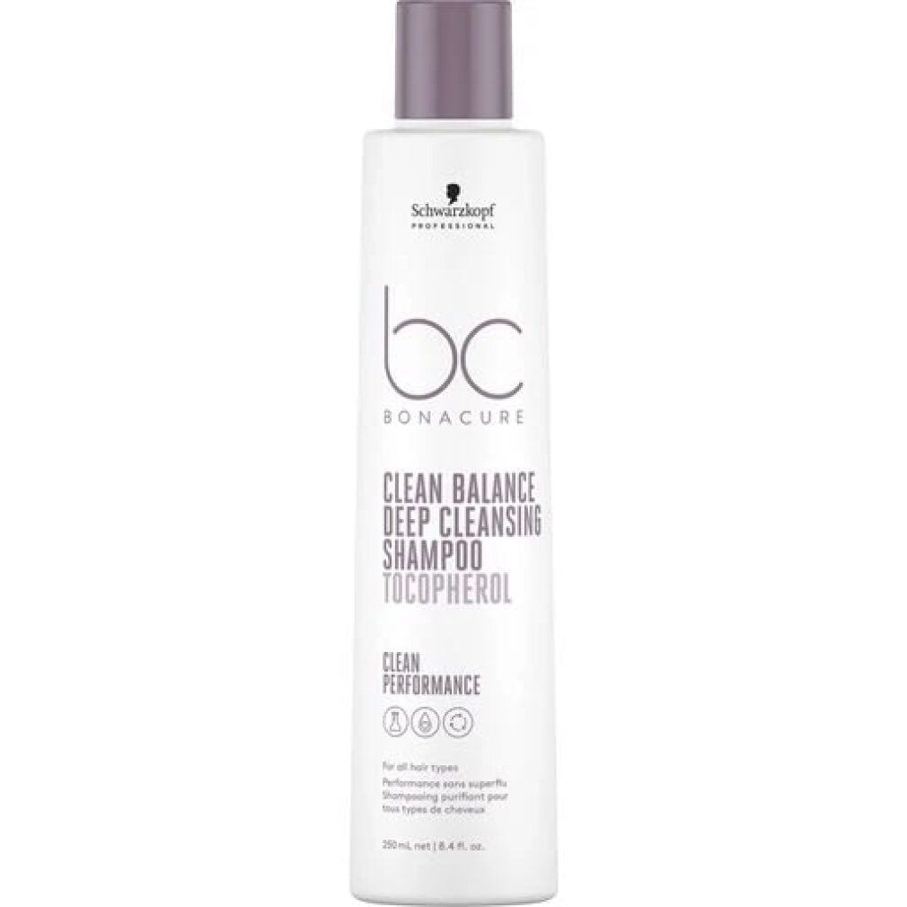 Weisse Shampoo-Flasche mit lila Verschluss. Aufschrift: BC Bonacure Clean Balance Deep Cleansing Shampoo.
