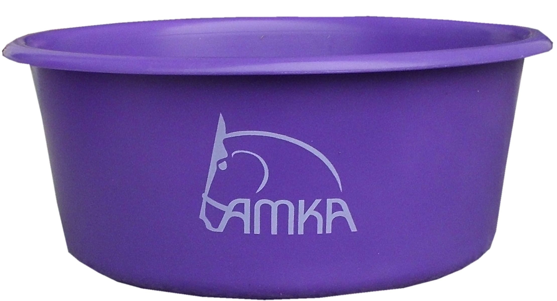 Violette Futterschale ohne Deckel mit AMKA-Logo. Runde Form, erhöhter Rand.