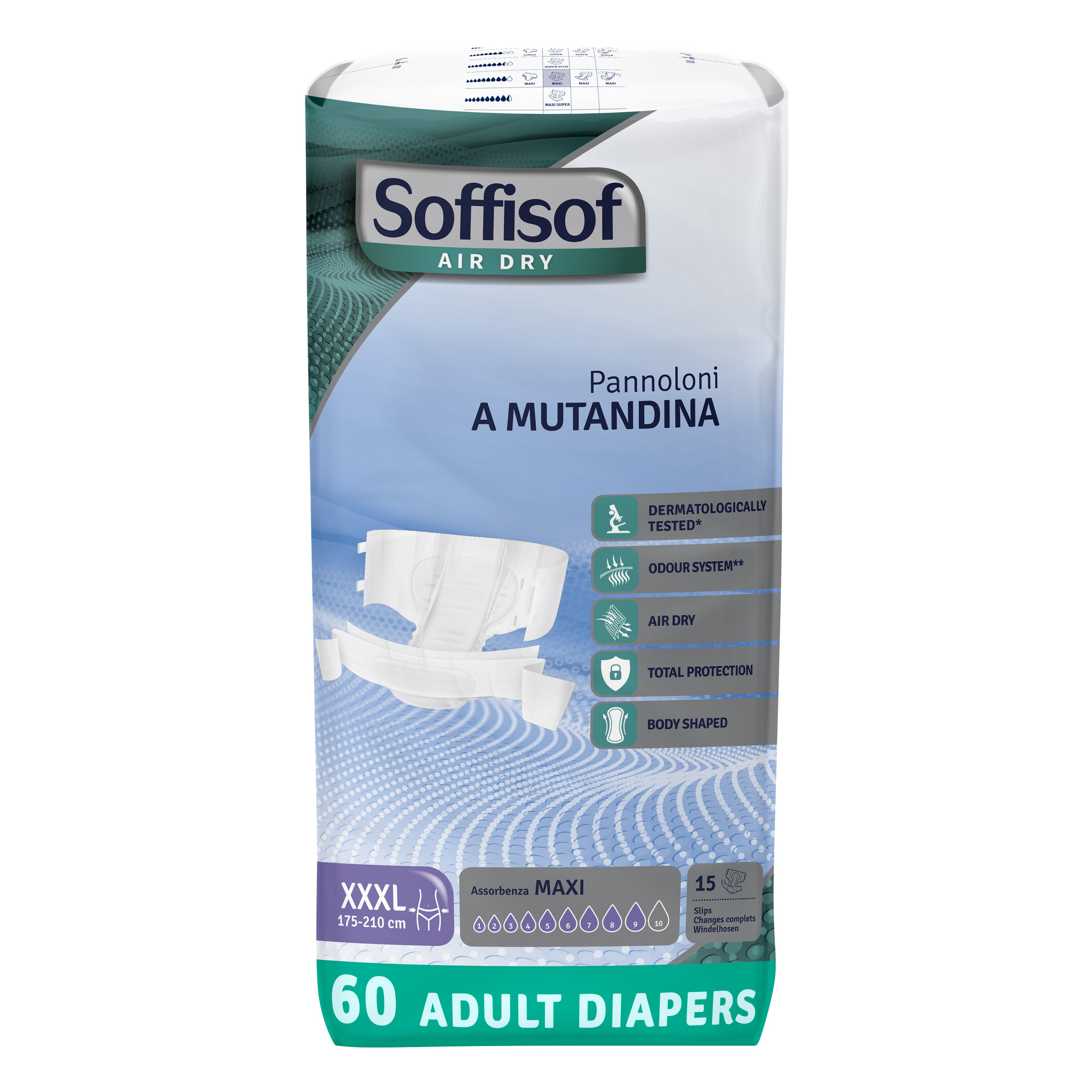 Soffisof Air Dry Maxi volwassen luiers. Verpakking van 60. Maat XXXL, 175-210 cm.