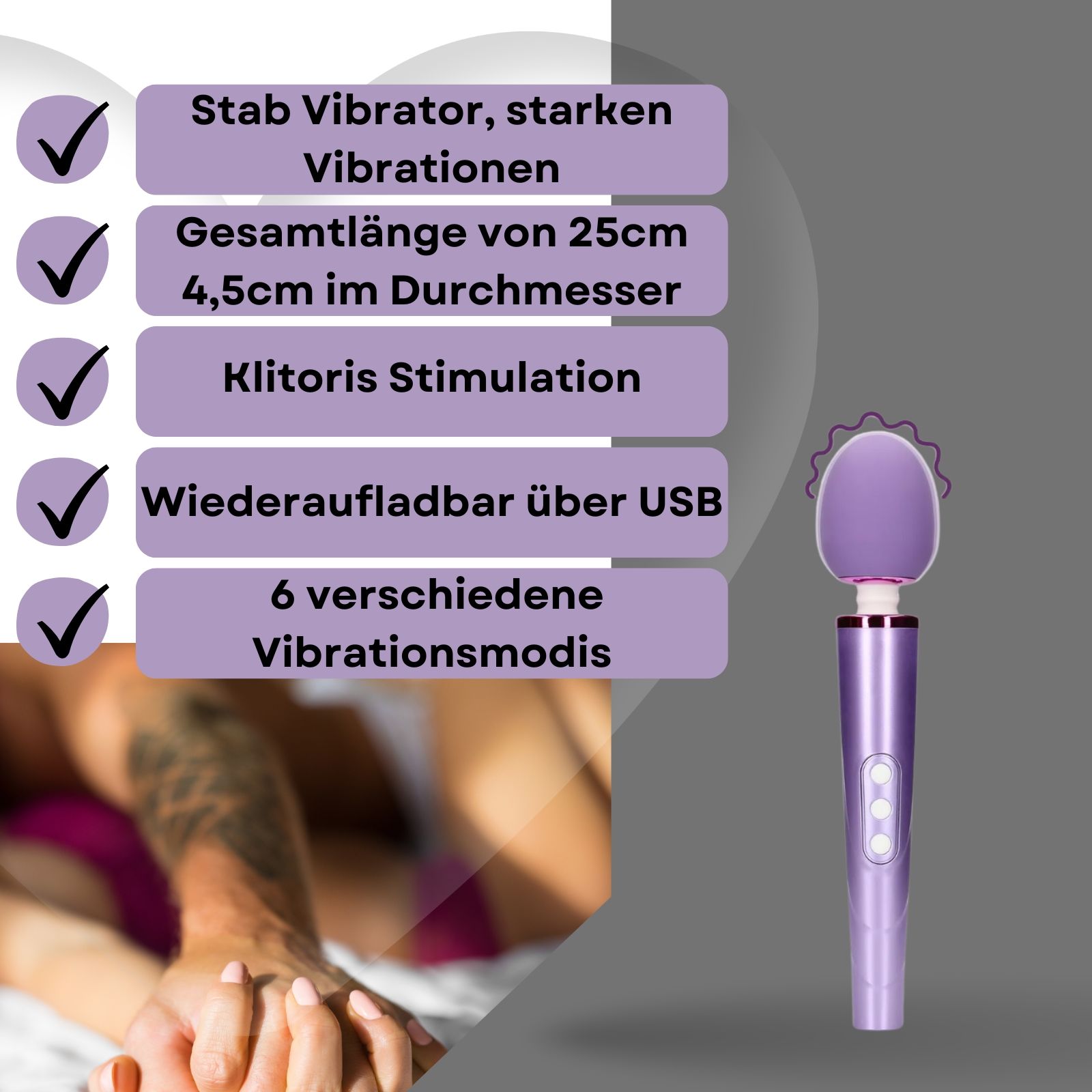 Stabvibrator, lila. Text: 6 Vibrationsmodi, USB-Aufladung, 25cm lang, 4,5cm Durchmesser. Paar im Hintergrund.