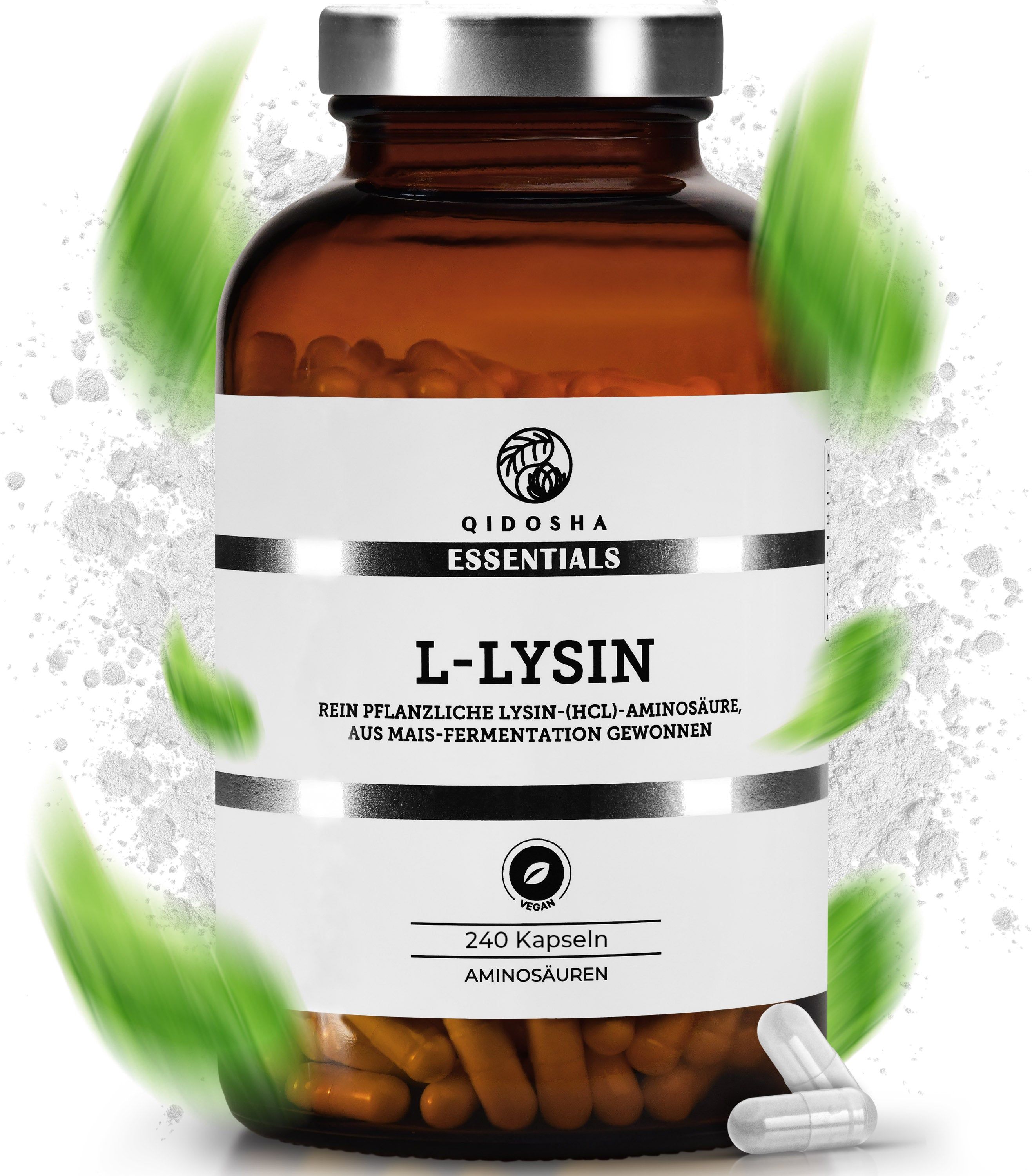 QIDOSHA L-LYSIN Kapseln, 240 Stück, rein pflanzliche Aminosäuren aus Mais-Fermentation.