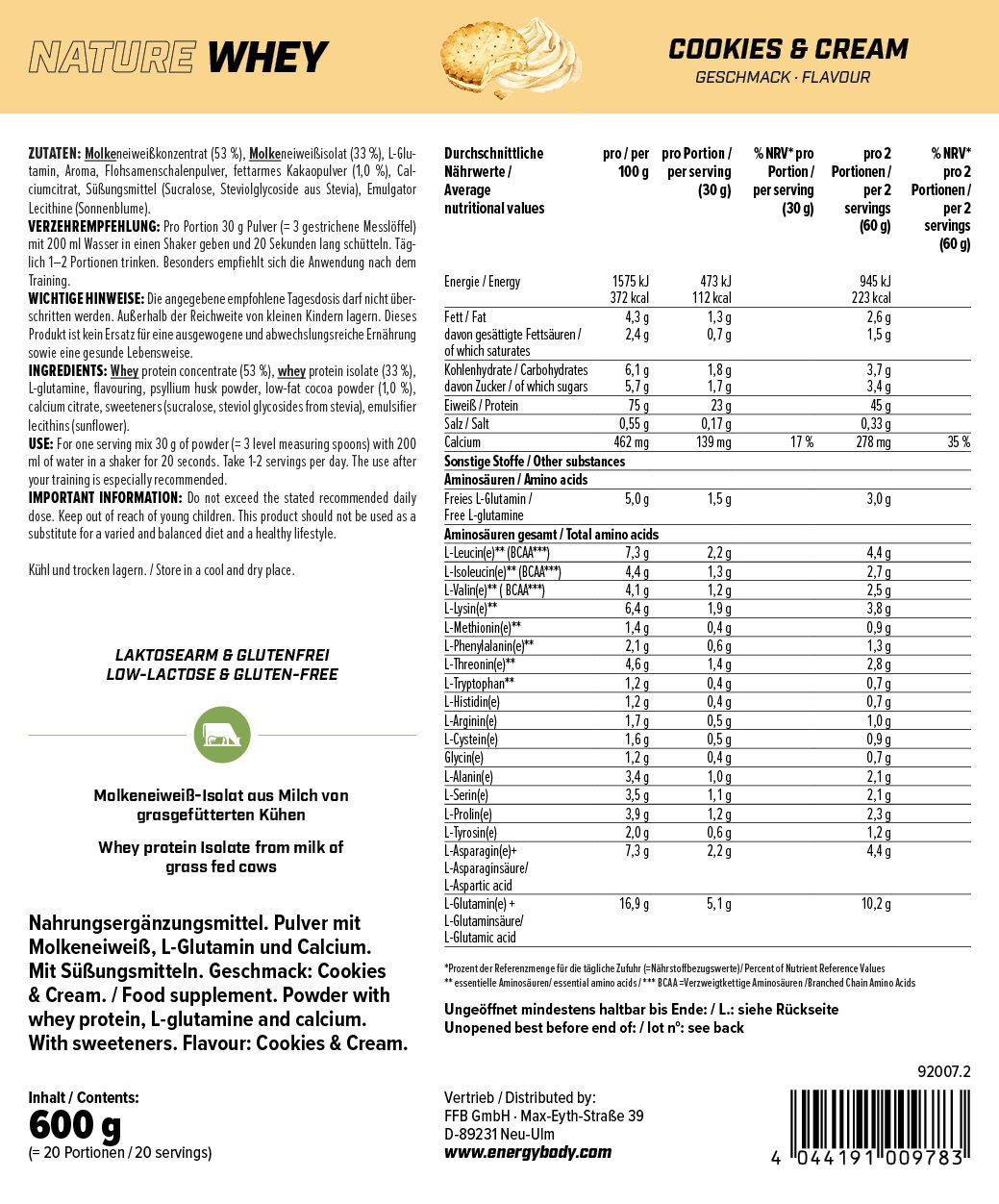 Rückseite der Nature Whey Cookies & Cream Verpackung. Text: Laktosearm & Glutenfrei, Molkeneiweiß isoliert aus Milch von grasgefütterten Kühen.