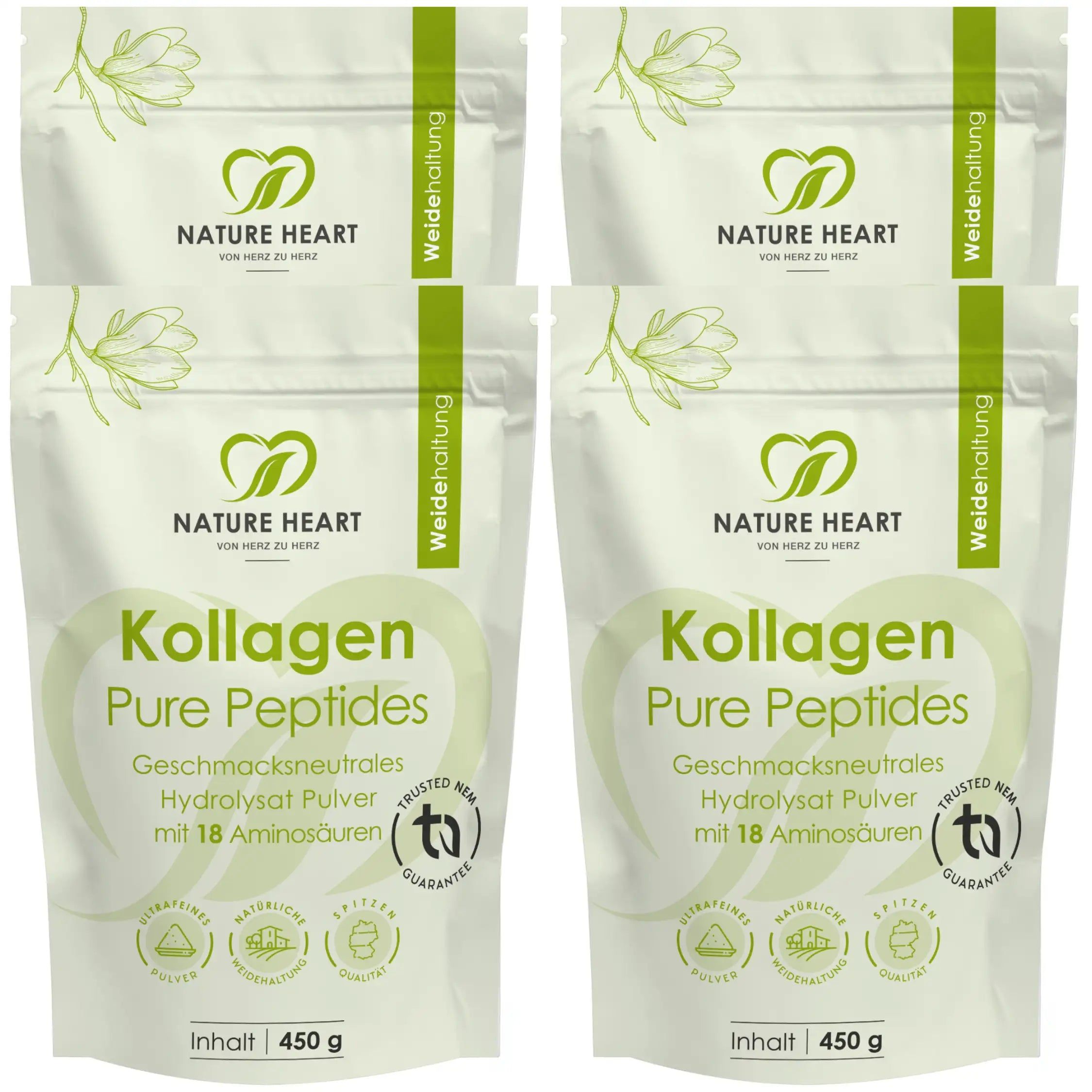 Vier Beutel Nature Heart Kollagen Pure Peptides. Weiß-grüne Verpackung mit Produktnamen, Logo und Inhaltsangabe. 450g.