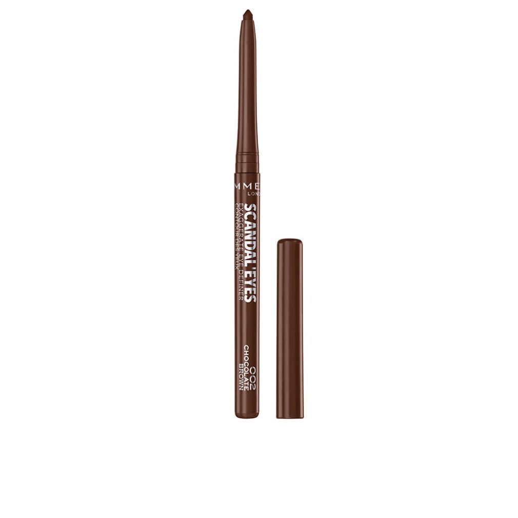 Brauner Rimmel London Scandaleyes Automatic Eyeliner. Stift mit geöffneter Kappe. Aufschrift: Scandaleyes, Chocolate 002.