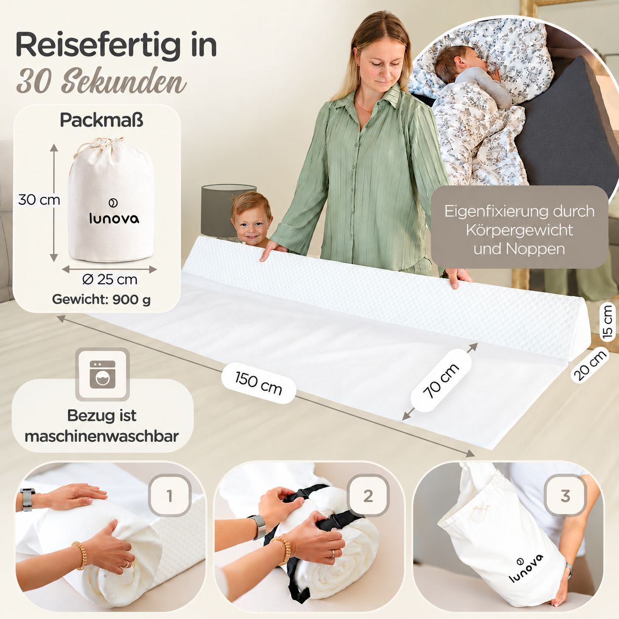 Reisebett-Matratze, 150x70x20 cm, faltbar, mit Tragetasche und waschbarem Bezug.