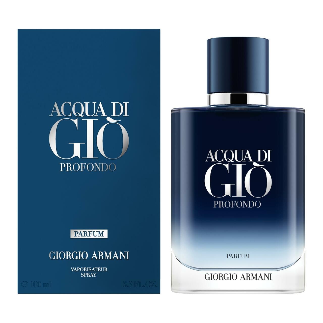 Parfümflakon und Verpackung. Text: „Acqua di Giò Profondo Parfum“ und „Giorgio Armani“.