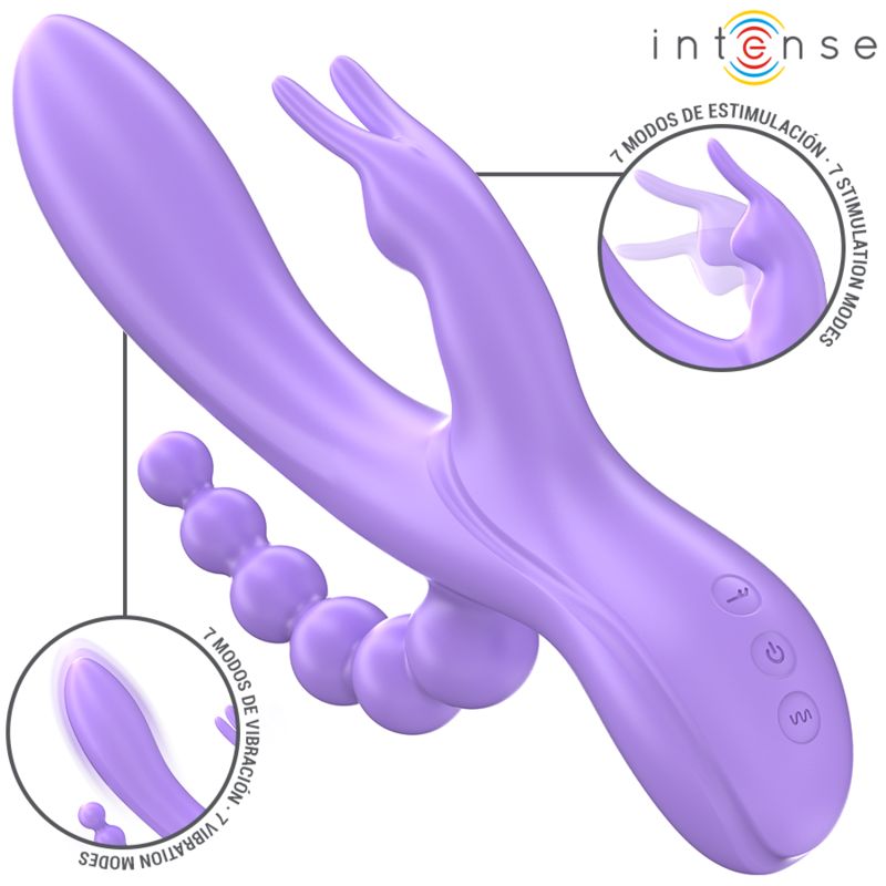 Lila Vibrator mit Kaninchen- und Stimulator-Design. Mit 7 Vibrations- und Stimulationsmodi. Marke: Intense.