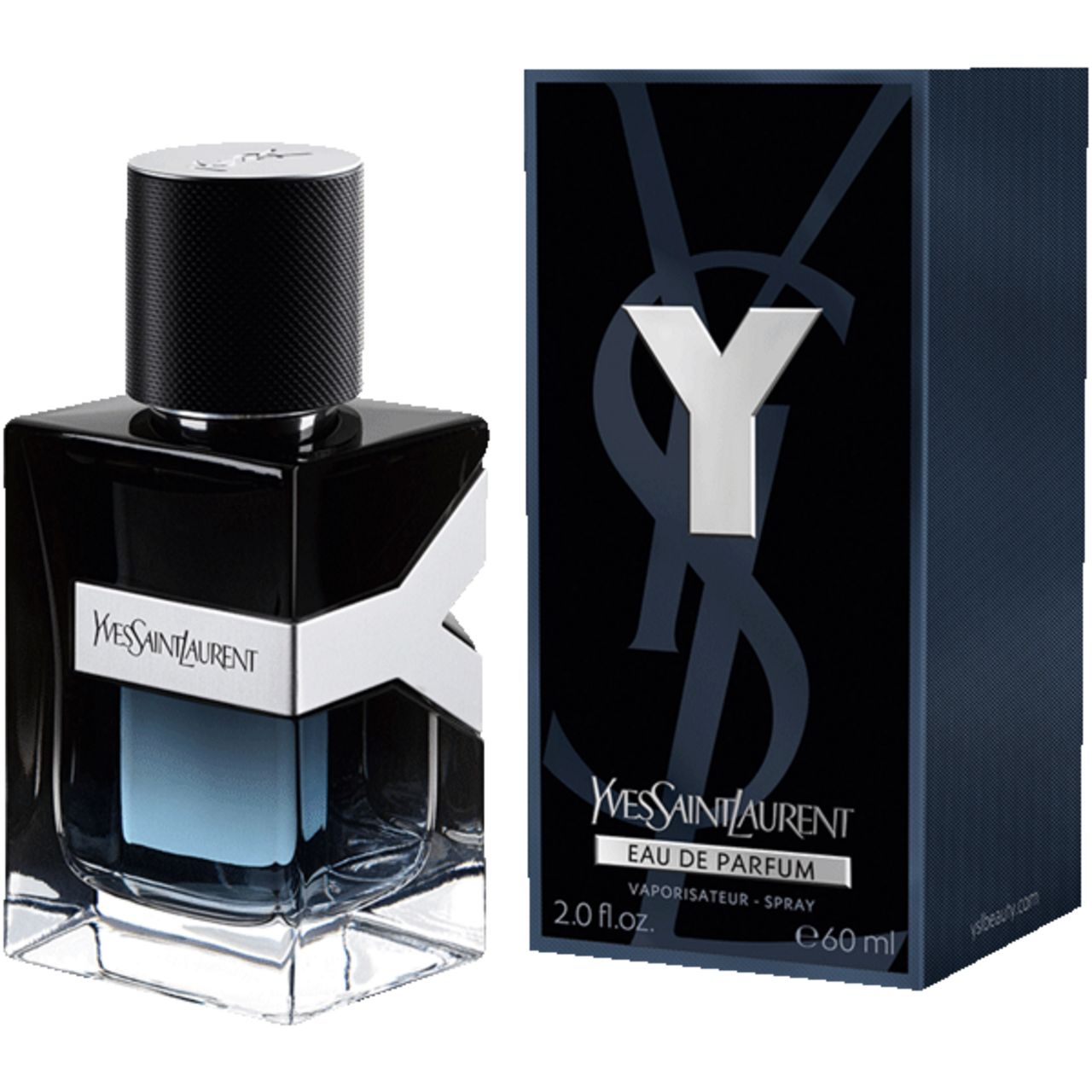 Yves Saint Laurent Y Men EdP Vapo. Flakon und Verpackung. Schwarzer Flakon, weißes Label. Schwarze Verpackung mit weißem Y-Logo. 2.0 fl.oz. / 60ml.