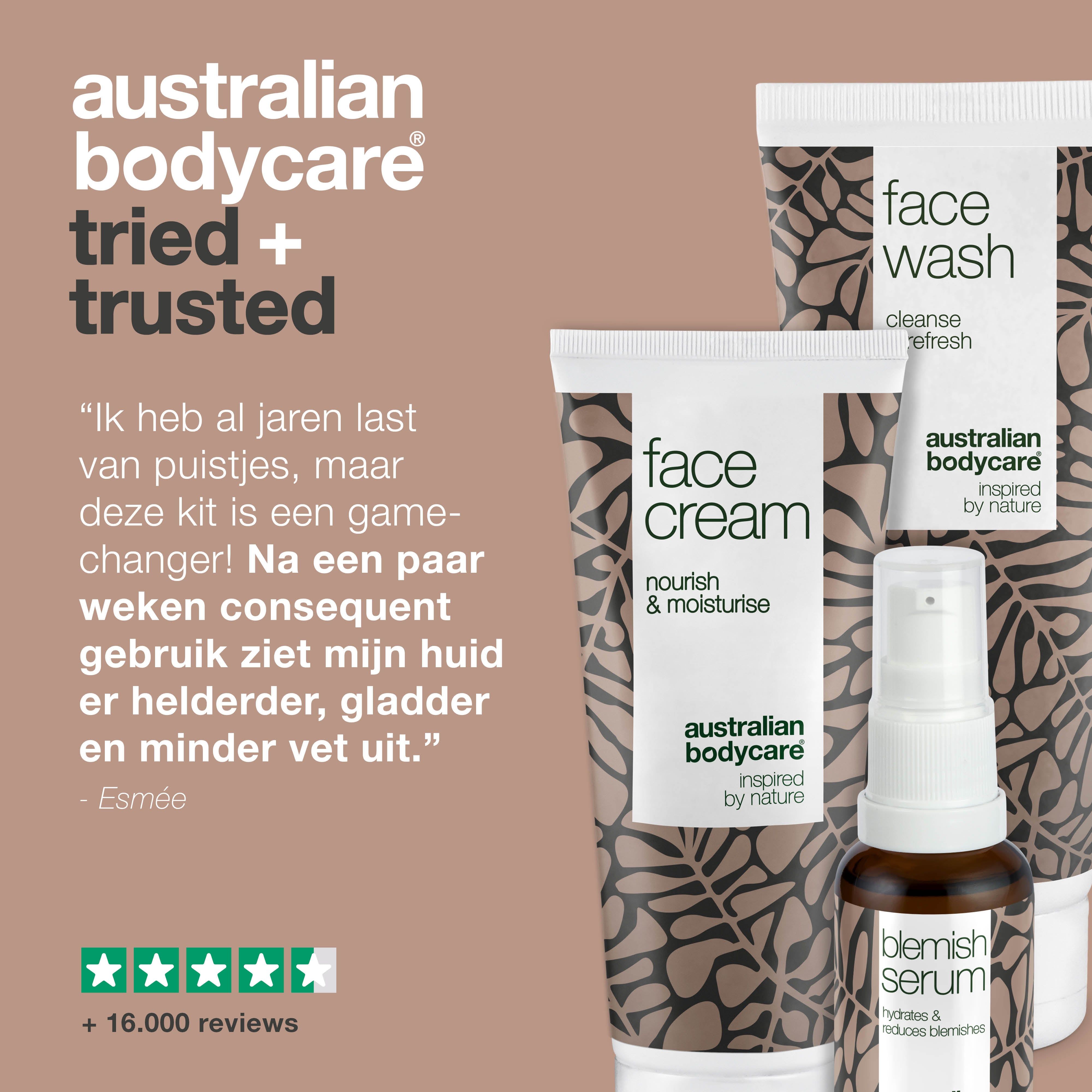Grafiek met producten en tekst. Tekst: Australian Bodycare, tried + trusted. Citaat en beoordelingen.