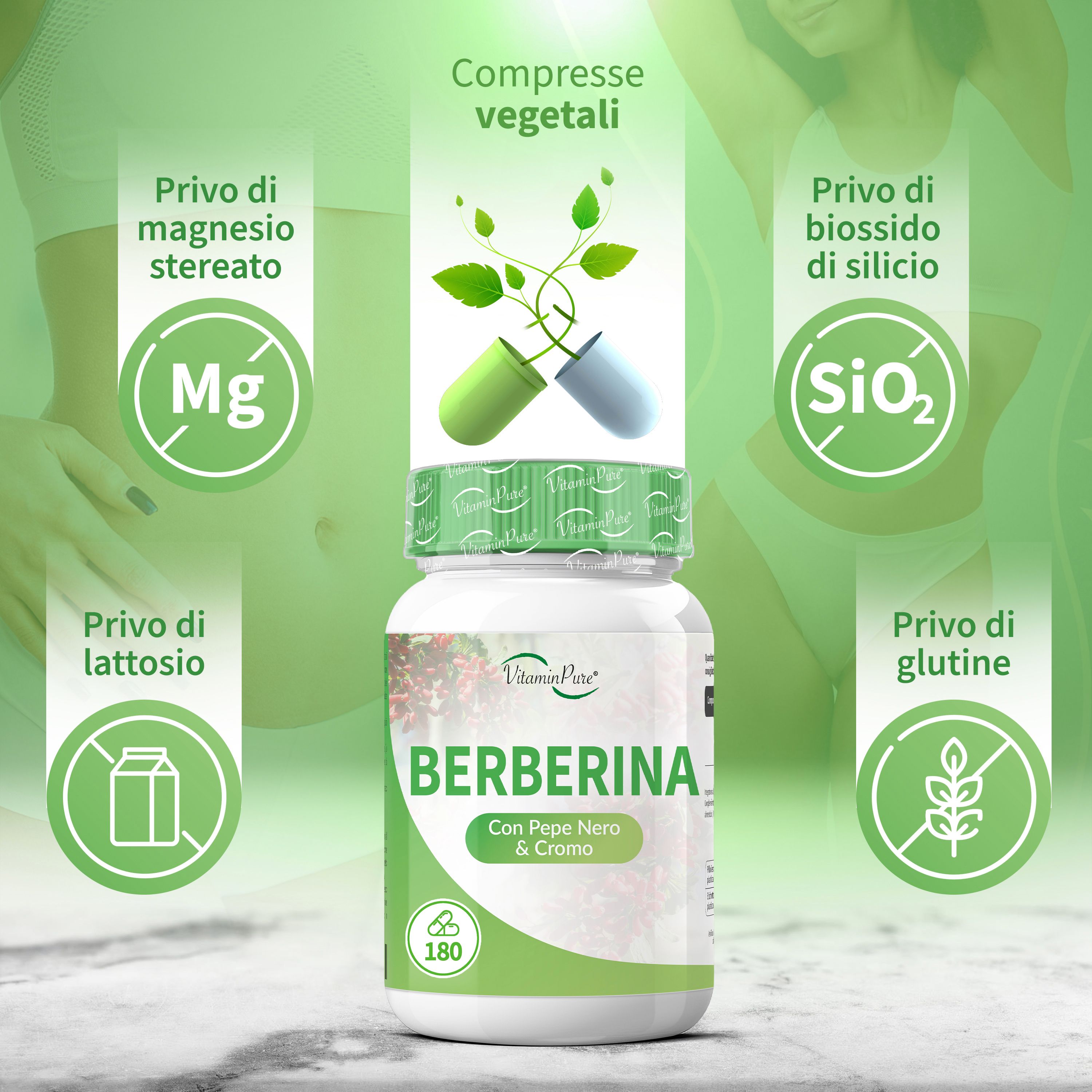 Flacone VitaminPure Berberina, 180 capsule. Testo: Berberina, con pepe nero e cromo. Senza stearato di magnesio, biossido di silicio, lattosio e glutine.