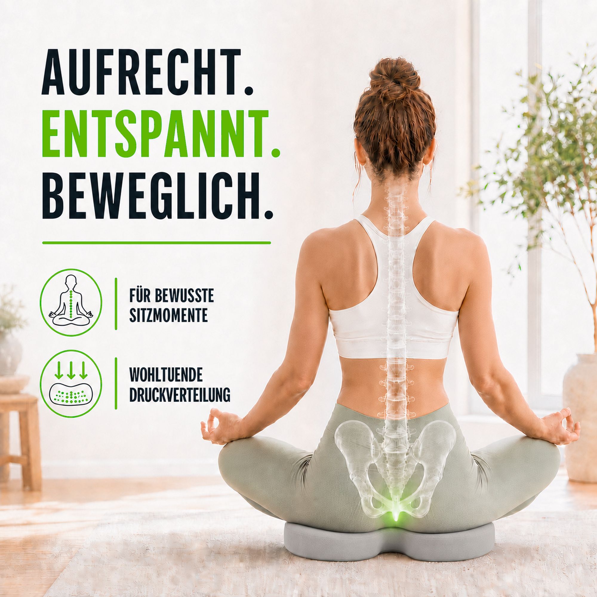 Frau in Meditationshaltung auf einem Sitzkissen. Wirbelsäule und Becken hervorgehoben.