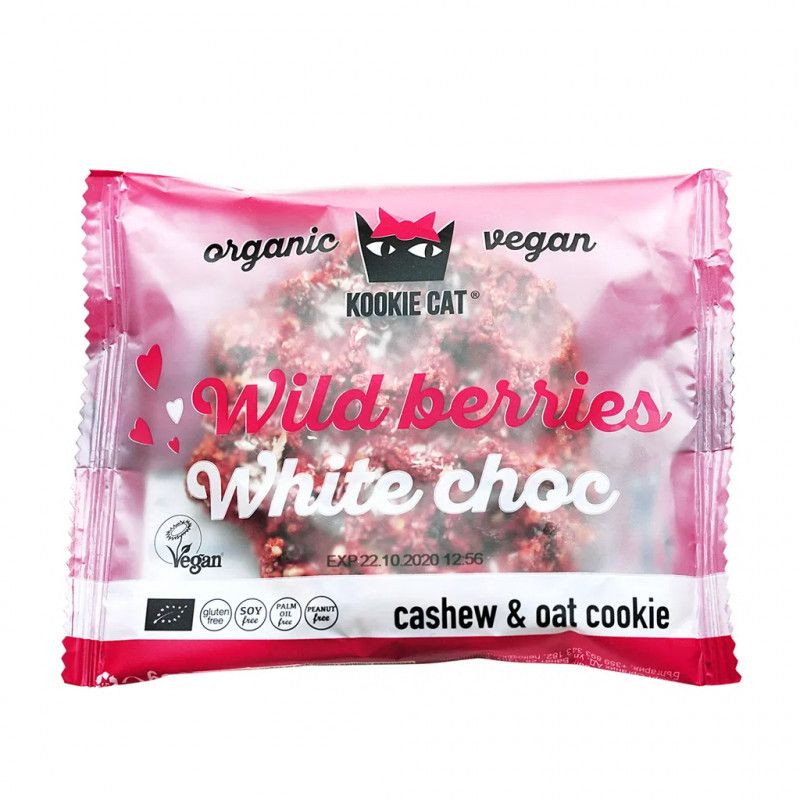 Verpackter Keks. Kookie Cat, Wild Berry, White Choc. Vegan-Siegel. Cashew & Hafer Keks.