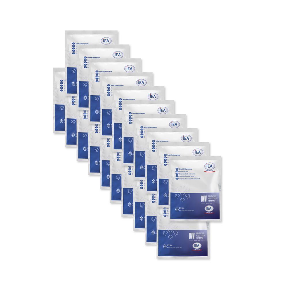 Mehrere IEA Sofort-Kälte-Kompressen, weißes Verpackungsdesign mit blauer Schrift.