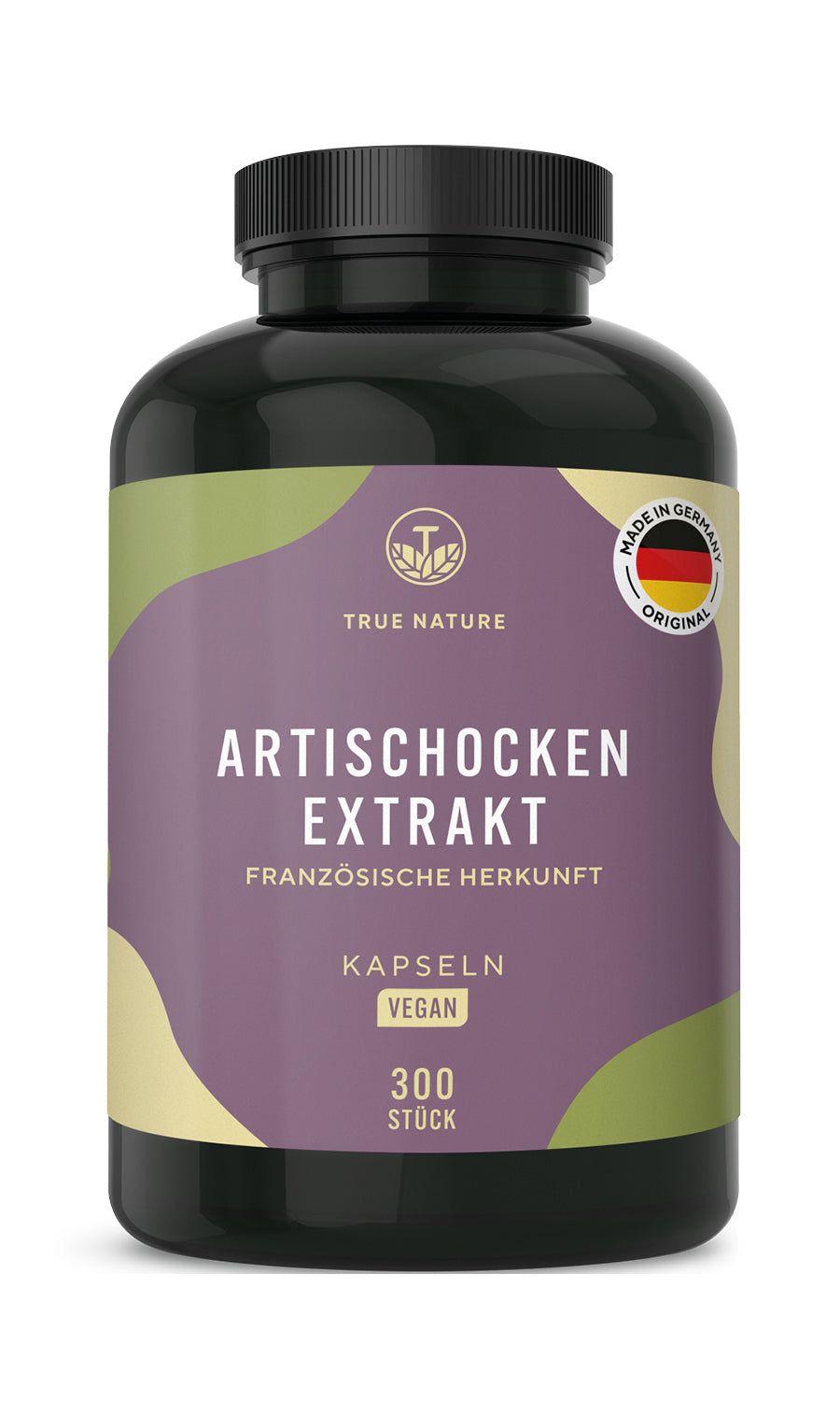 Dunkle Flasche mit lila Etikett. Aufschrift: Artischocken Extrakt, Kapseln, Vegan, 300 Stück. Siegel: Made in Germany.
