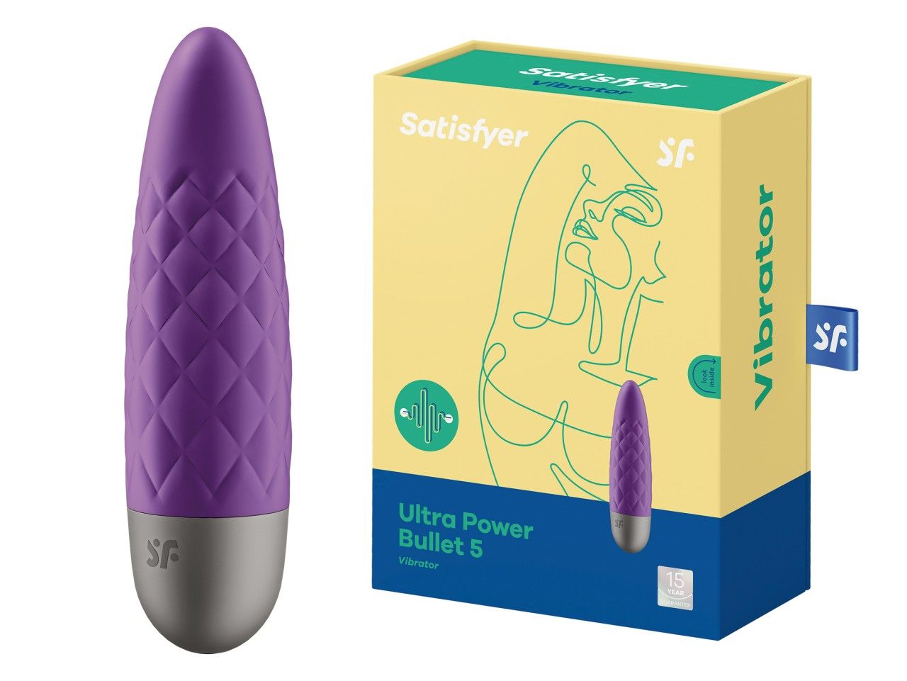 Violett Vibrator neben Verpackung. Aufschrift: Satisfyer, Ultra Power Bullet 5. Grün-weißes Wellensymbol. 15 Jahre Jubiläum.