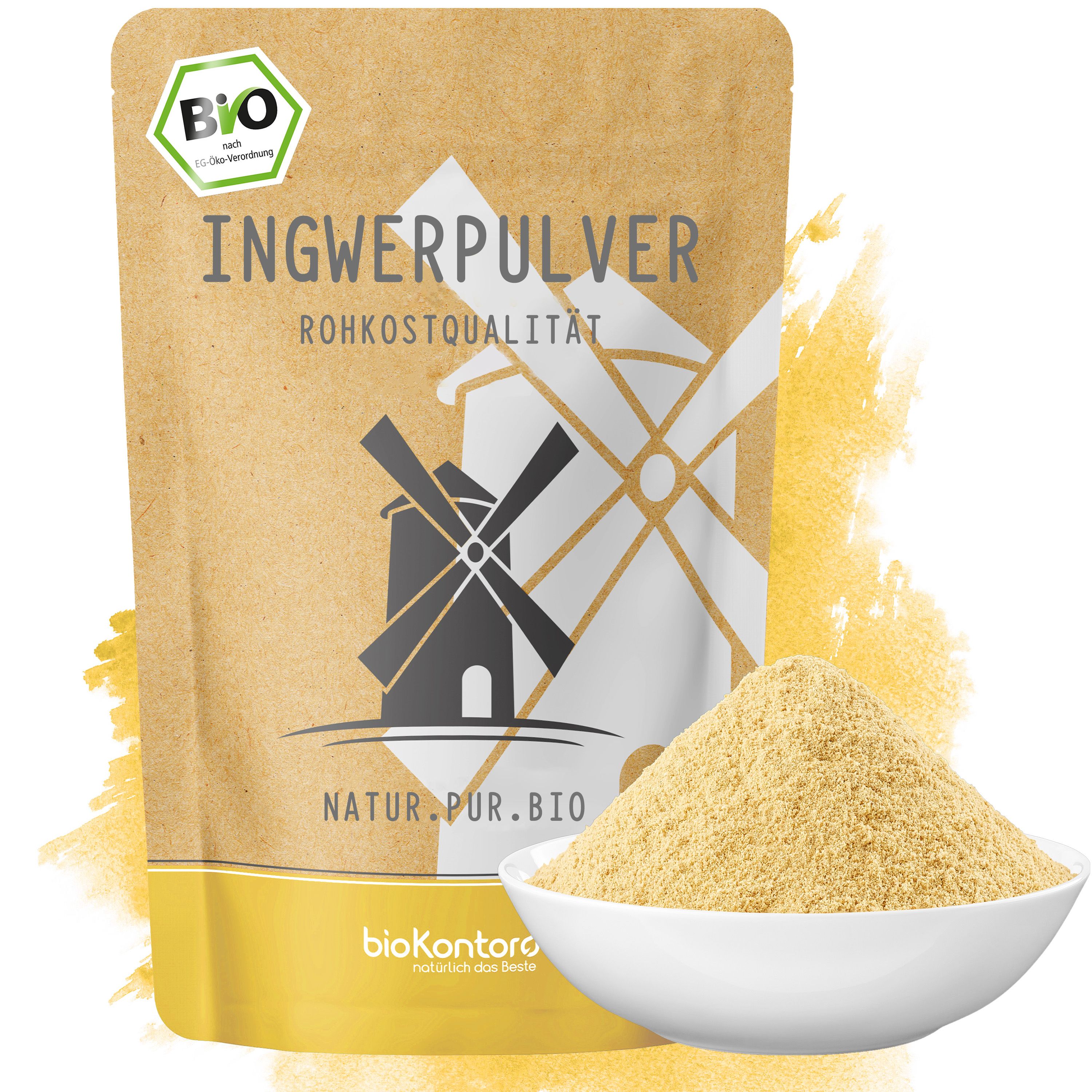 bioKontor Ingwerpulver in einem braunen Standbeutel mit Windmühlen-Design und einer Schale Ingwerpulver daneben.
