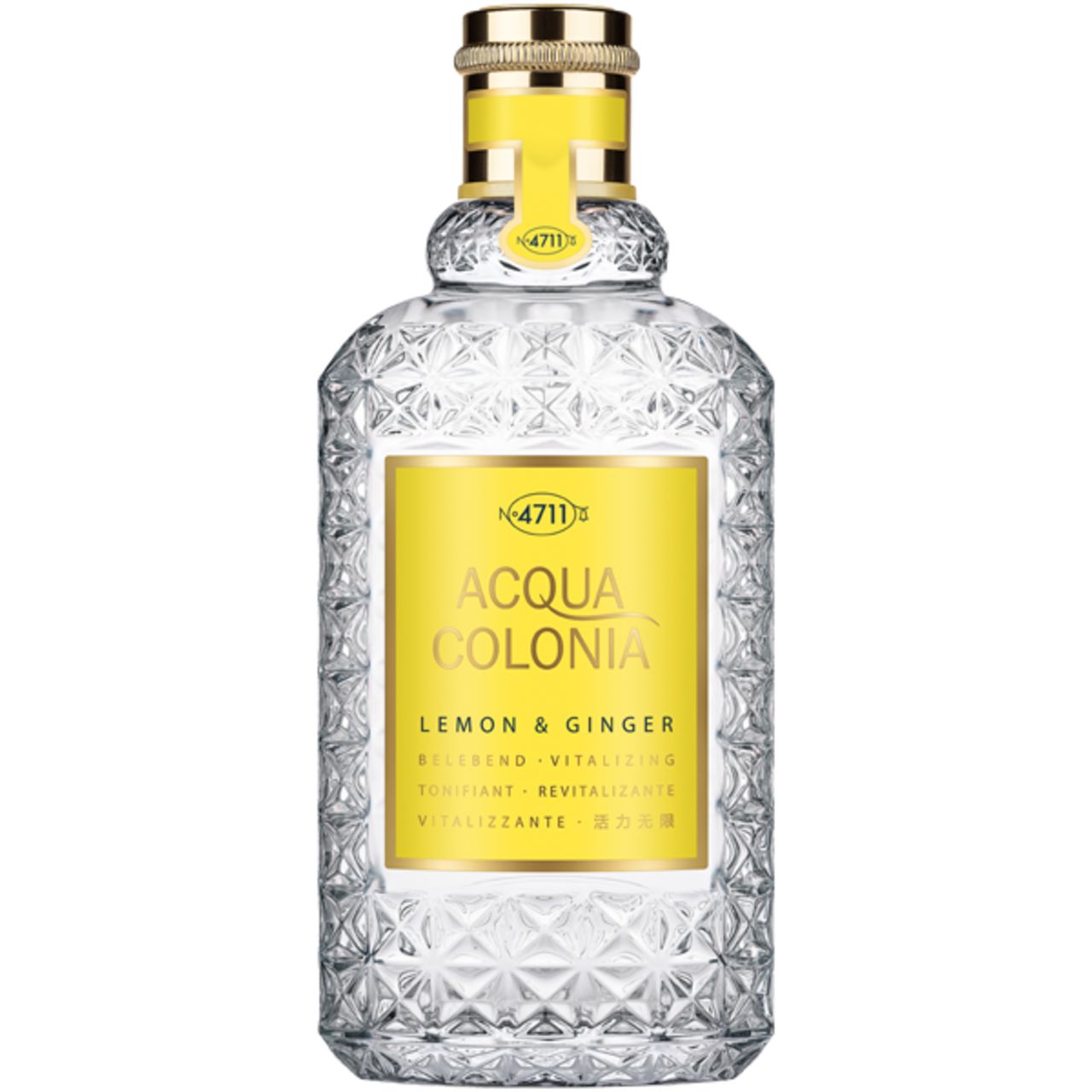 Klarer Flakon mit gelbem Etikett. Aufschrift: Acqua Colonia Lemon & Ginger. Goldfarbener Verschluss.
