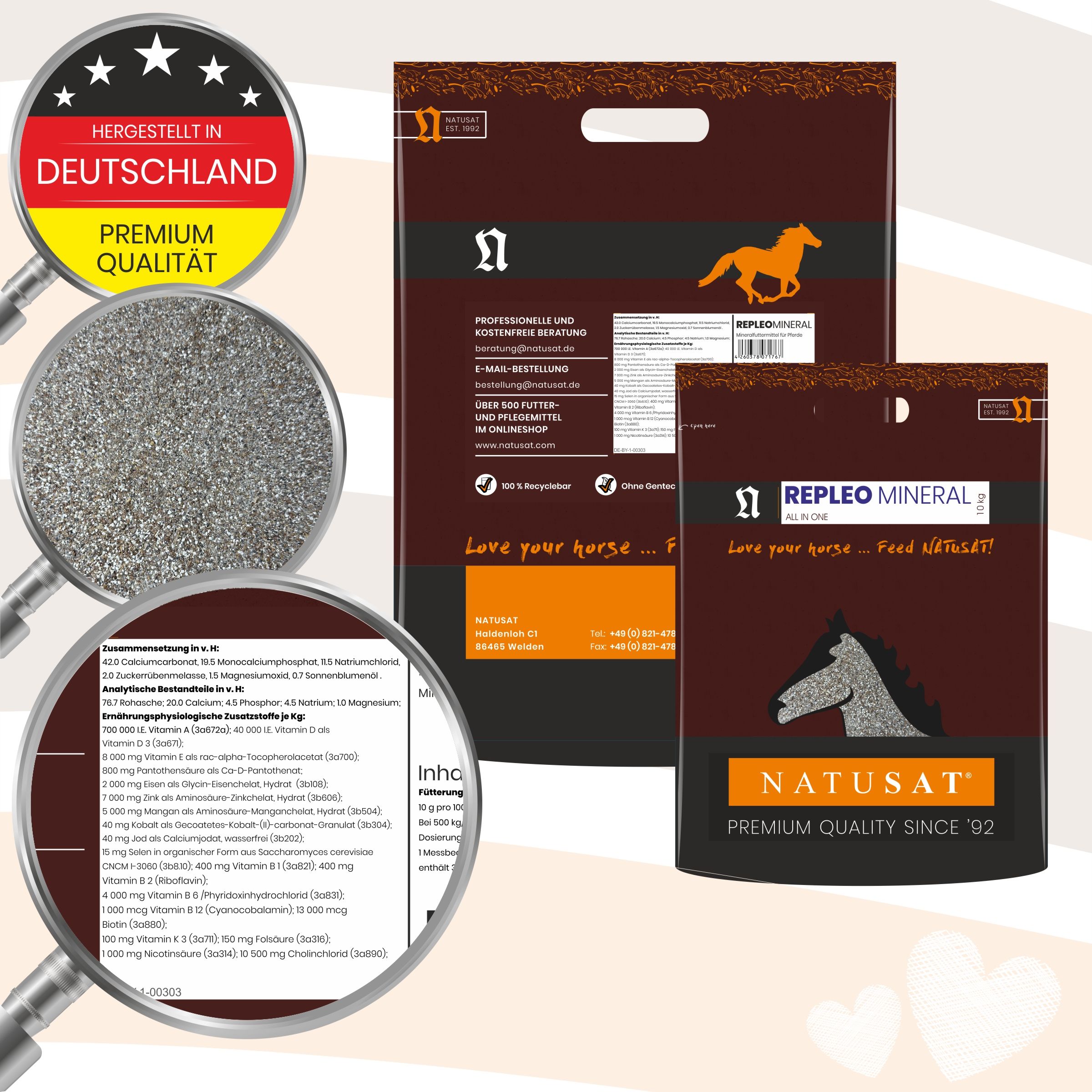 Natusat Repleo Mineral Produktinformationen mit Vergrößerungen und Deutschland-Siegel.
