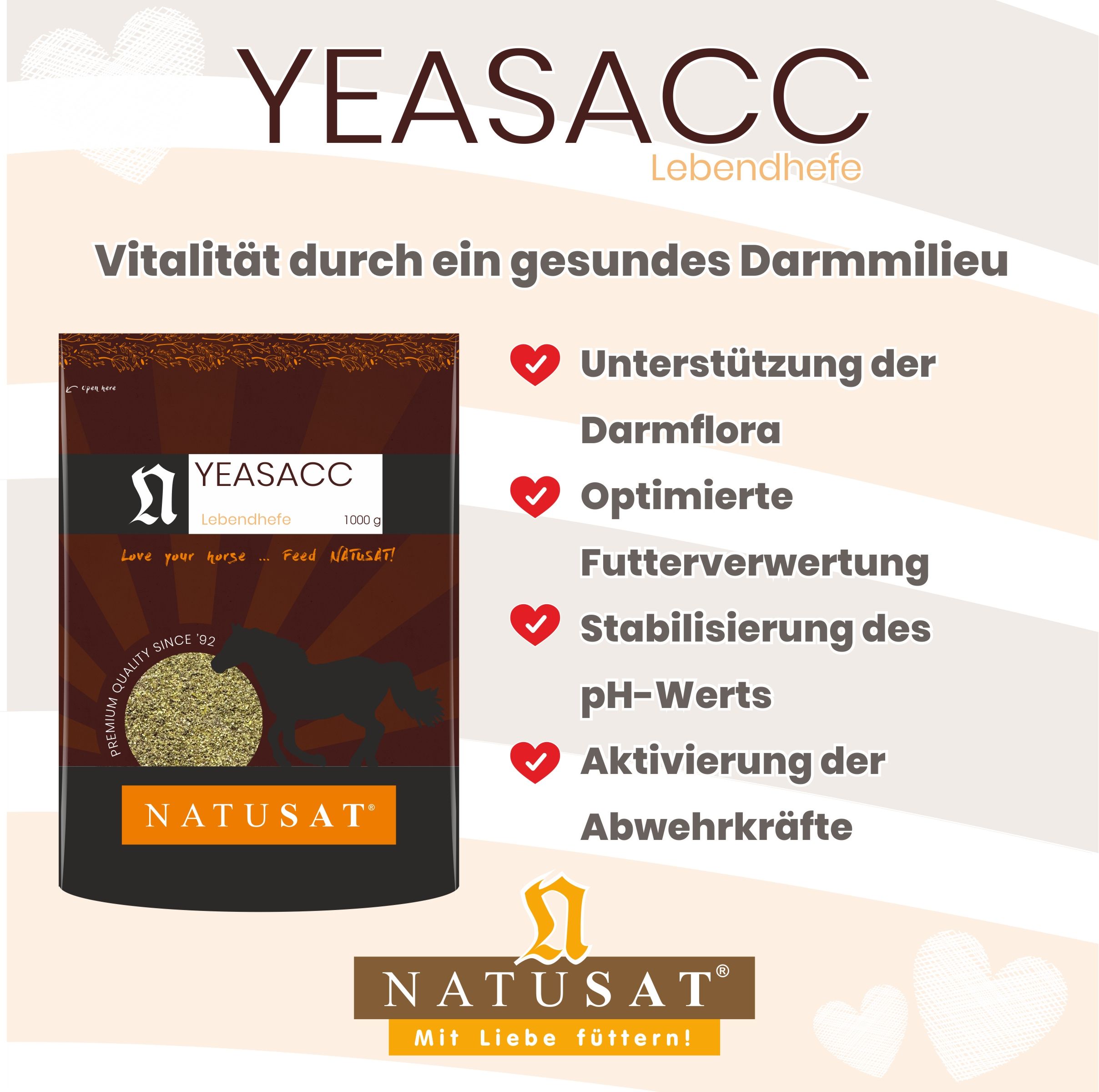 Natusat Yeasacc Pulver: Verpackung mit Vorteilen wie Darmflora-Unterstützung und optimierter Futterverwertung.
