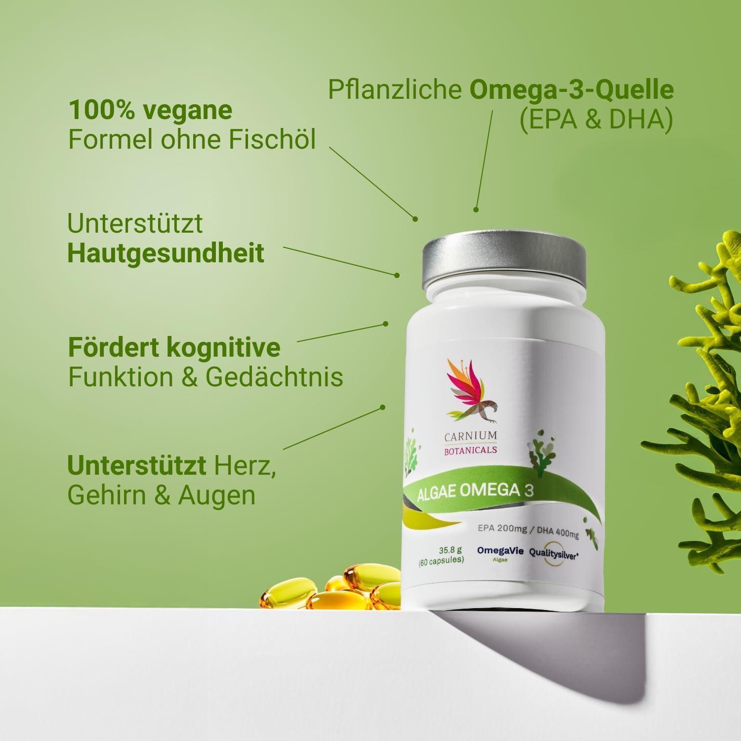 Flasche mit Aufschrift: Carnium Botanicals, Algae Omega 3. Text: 100% vegan, unterstützt Hautgesundheit, fördert kognitive Funktion.
