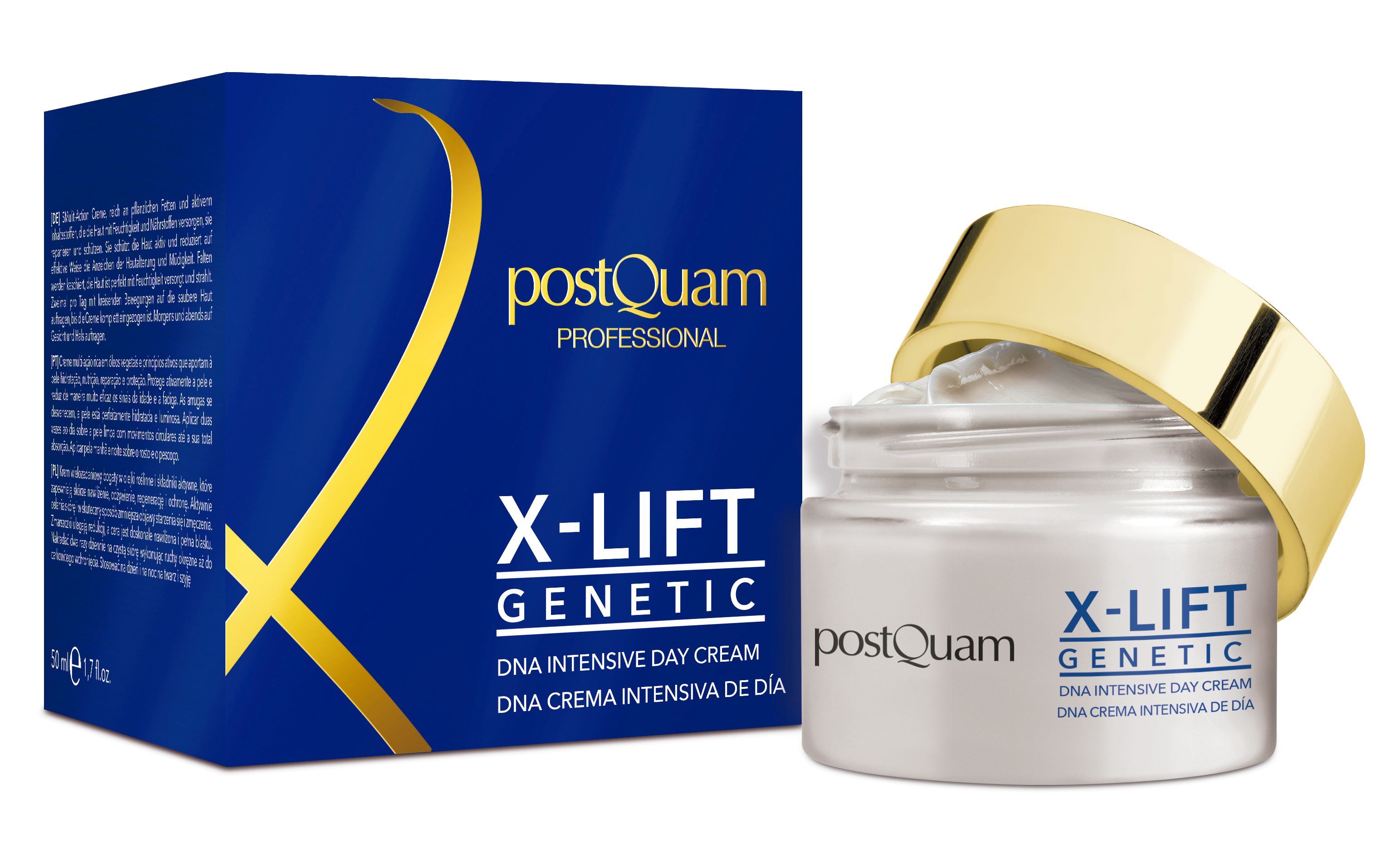 Creme-Tiegel und Schachtel. Aufschrift: Postquam X-Lift Genetic DNA Intensive Day Cream. Goldfarbener Deckel.