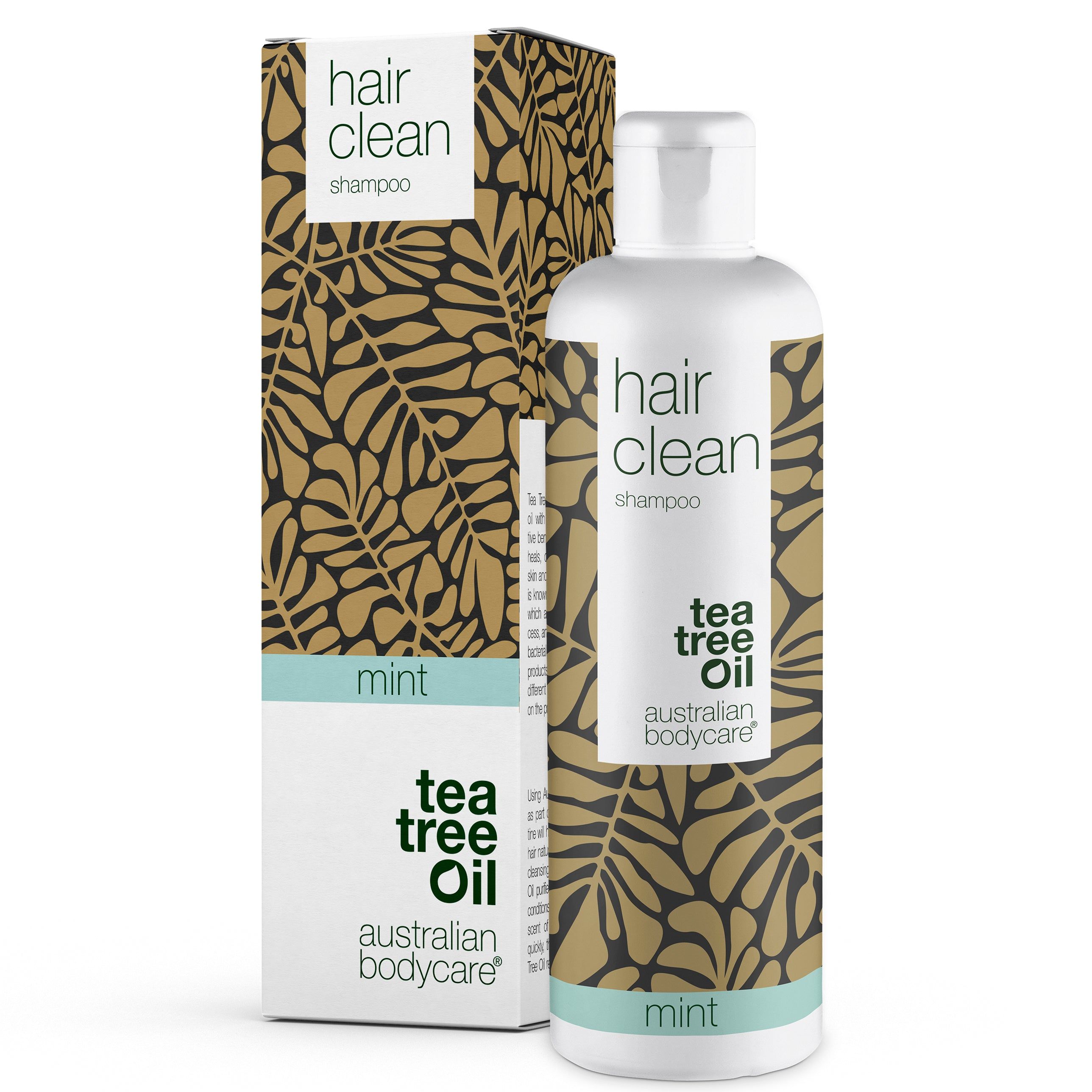 Shampoo-Flasche und Karton mit floralem Muster. Schriftzug 'hair clean shampoo', 'tea tree oil', 'mint' und 'australian bodycare'.
