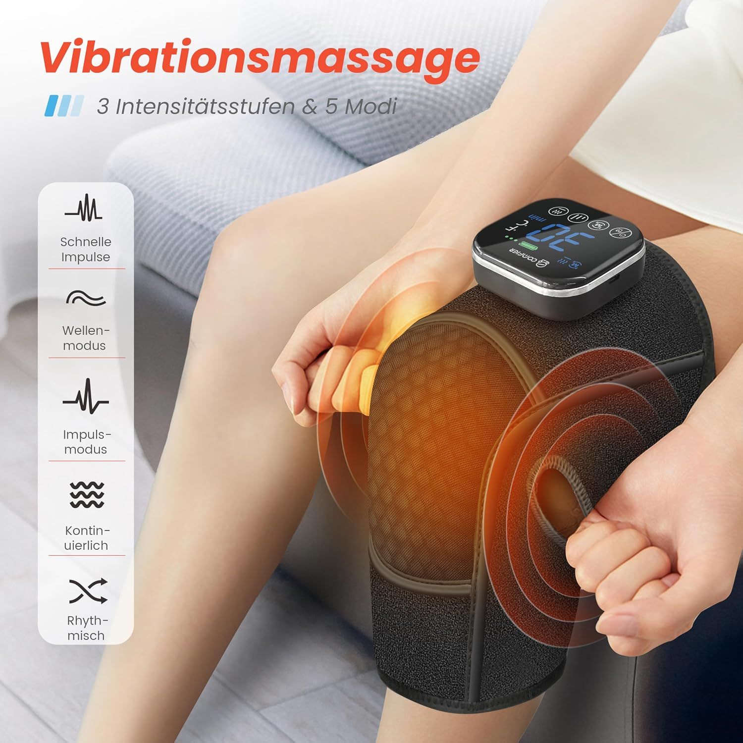 Knie-Therapiegerät mit Rotlicht und Vibrationsmassage, zeigt 3 Intensitätsstufen und 5 Modi.