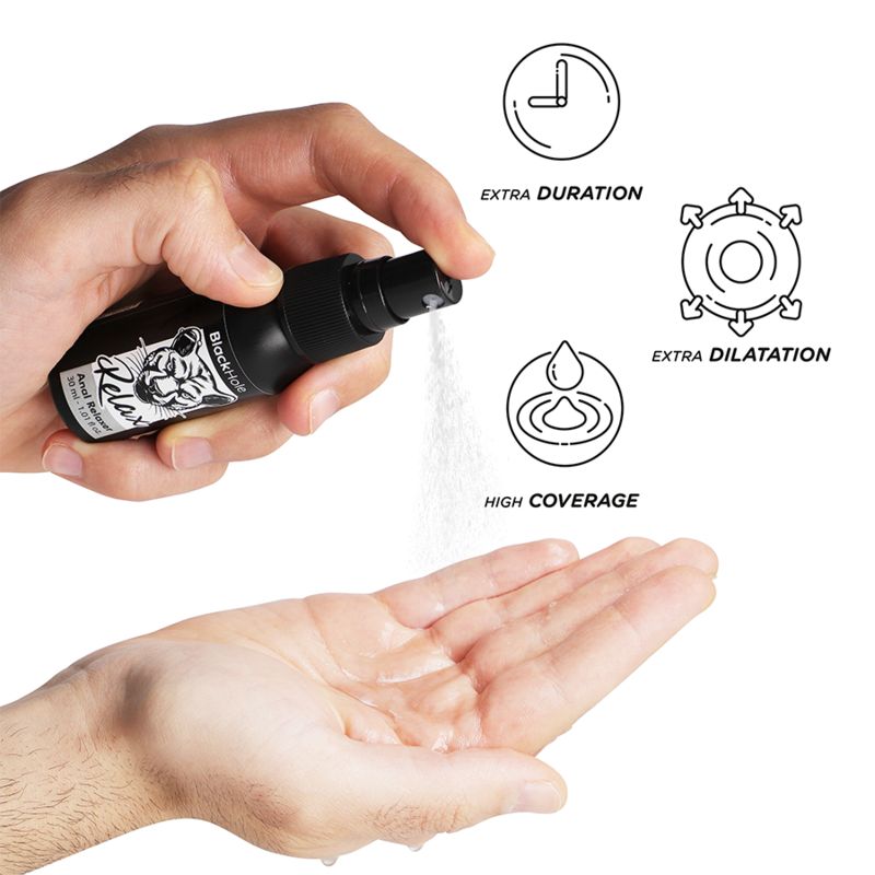 Schwarze Sprühflasche mit Pumpe, die weißen Puder in eine Hand sprüht. Icons zeigen Uhr, Tropfen und Ausdehnung.