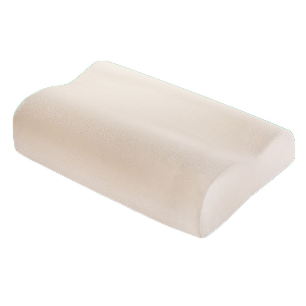 Orthopädisches Kissen, cremefarben, rechteckig mit wellenförmiger Oberseite. Aus Schaumstoff.