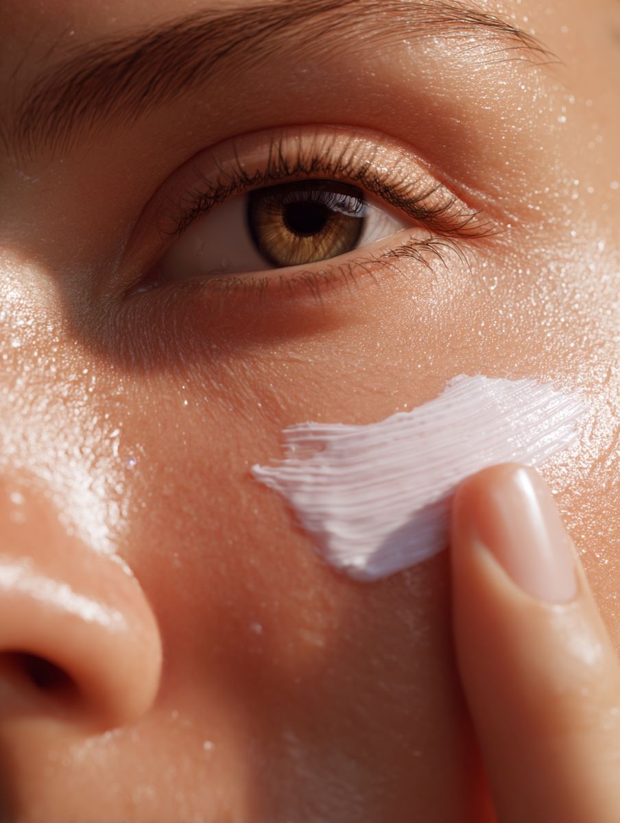 Nahaufnahme eines Auges und einer Hand, die Creme auf die Haut aufträgt. Die Creme ist weiß.
