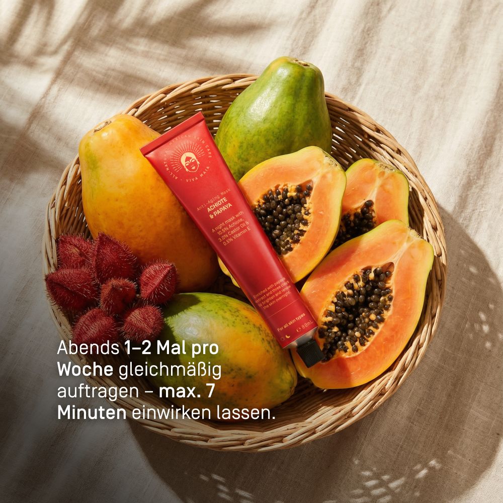 Schritt-für-Schritt-Anleitung für eine Well-Aging-Routine mit Seife, Maske und Serum.