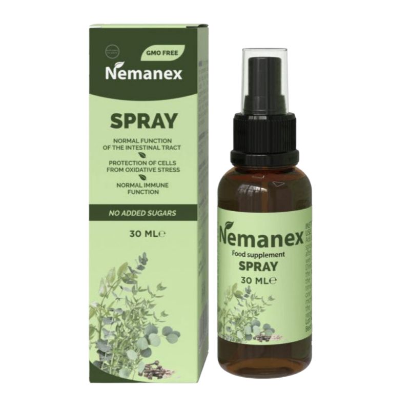 Nemanex Spray-Flasche und -Verpackung. Grün-weiße Verpackung mit Produktnamen und Inhaltsangaben. Braune Sprühflasche.
