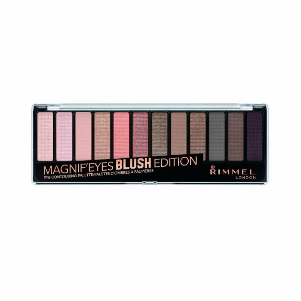 Rimmel Magnif'eyes Blush Edition Lidschatten-Palette. 12 Farbtöne in rechteckiger Verpackung. Schwarzer Hintergrund.
