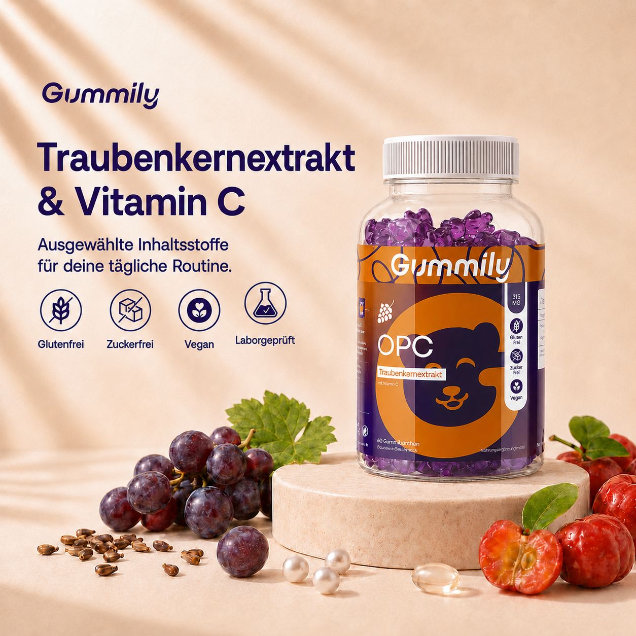 Gummily OPC Traubenkernextrakt & Vitamin C Gummibärchen mit Trauben, Acerola und Symbolen für Qualität.