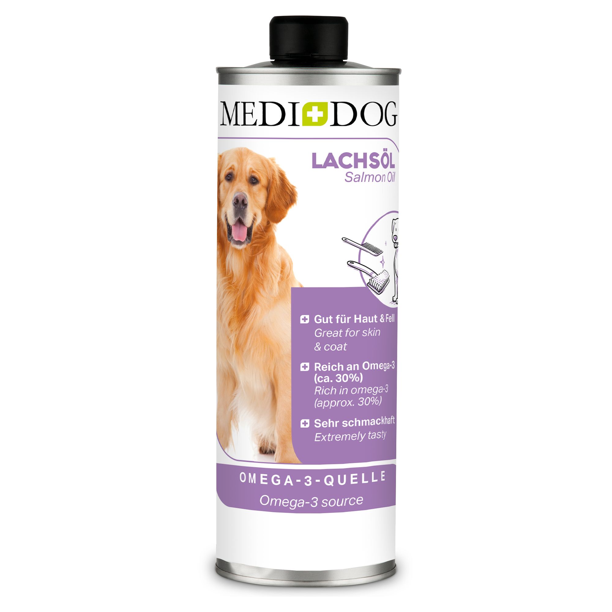 Zylindrische Dose MEDIDOG Lachsöl mit Etikett. Abbildung eines Golden Retrievers. Text: Gut für Haut & Fell, Reich an Omega-3, Sehr schmackhaft.