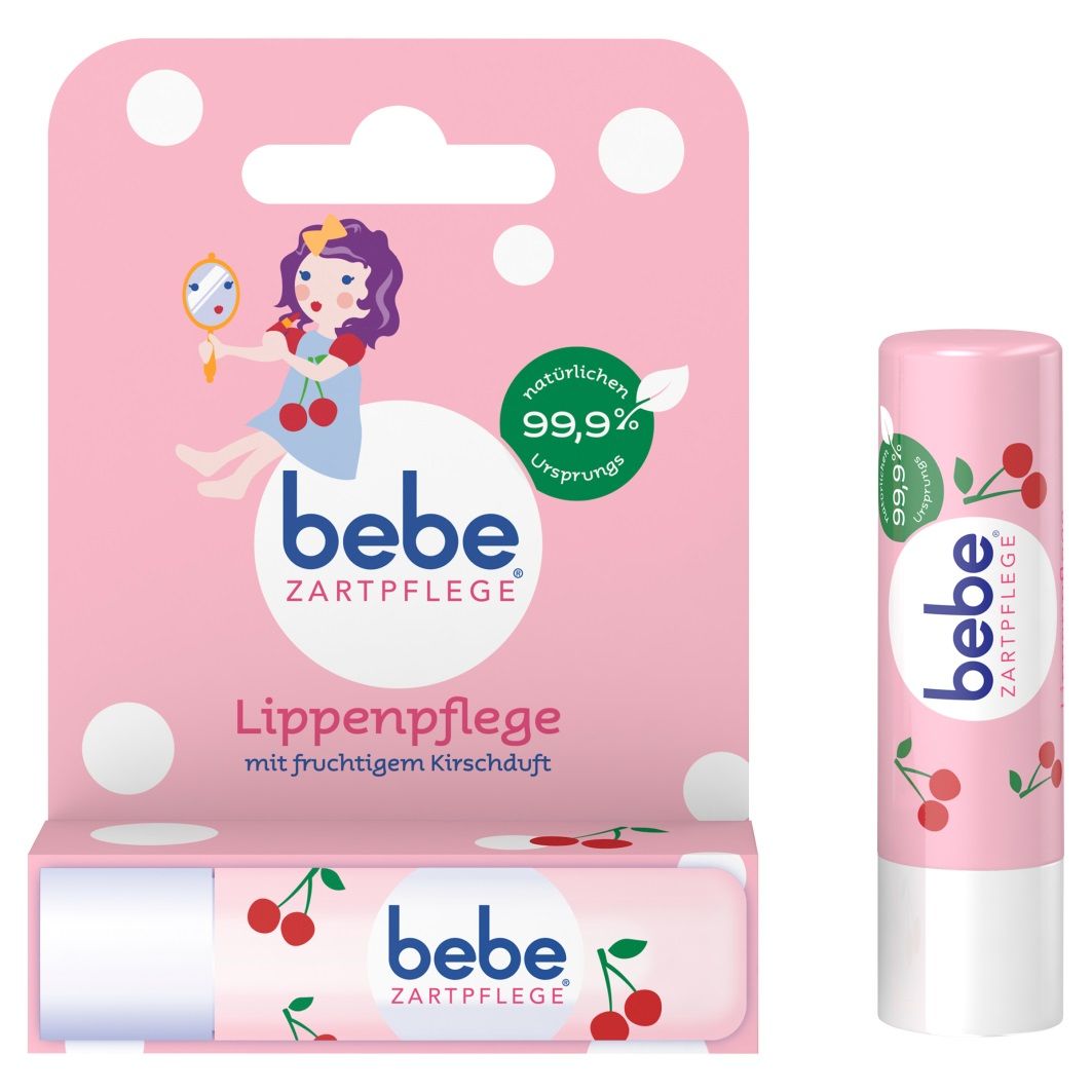 Verpackung mit Lippenpflegestift. Rosa Verpackung mit "bebe Zartpflege" Logo und Kirschmotiv. Enthält 99,9% natürlichen Ursprungs.