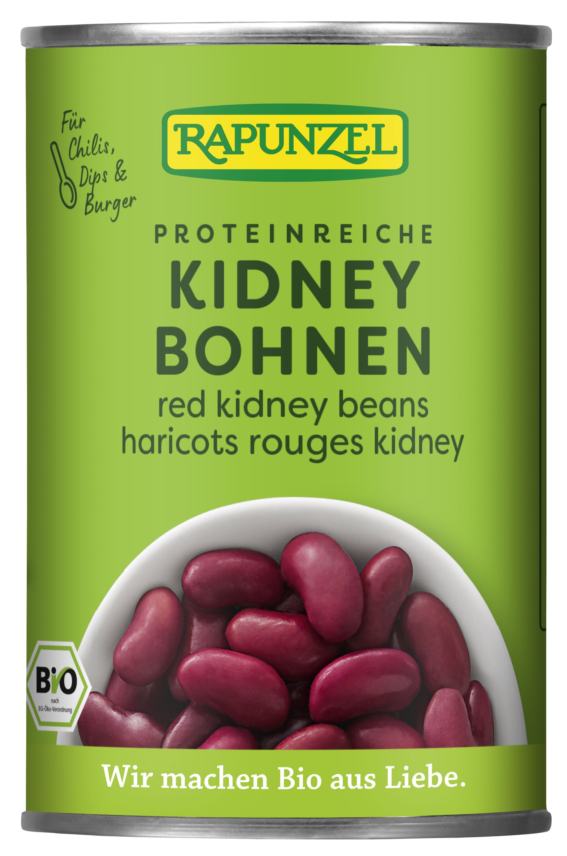 Konservendose mit Kidney-Bohnen. Aufschrift: Rapunzel, Kidney Bohnen, Bio-Siegel. Rote Bohnen in einer Schüssel.