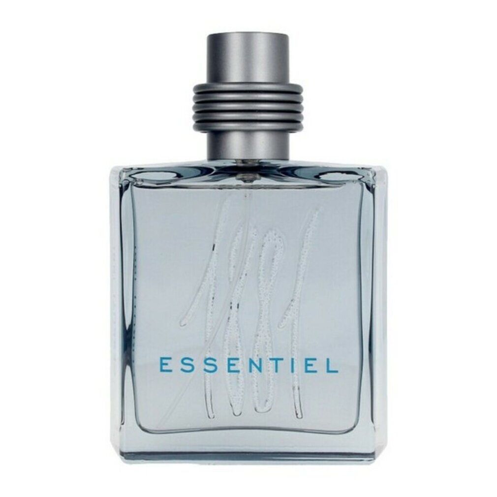 Cerruti 1881 Essentiel Eau de Toilette. Quadratischer Flakon mit silbernem Verschluss. Schriftzug Essentiel und 1881 auf dem Flakon.