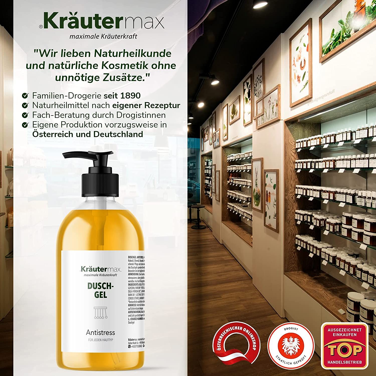 Gel-Spender im Laden. Aufschrift: Kräutermax Duschgel Antistress. Logos: Österreichisches Gütesiegel, Staatlich geprüft, Top-Händler.