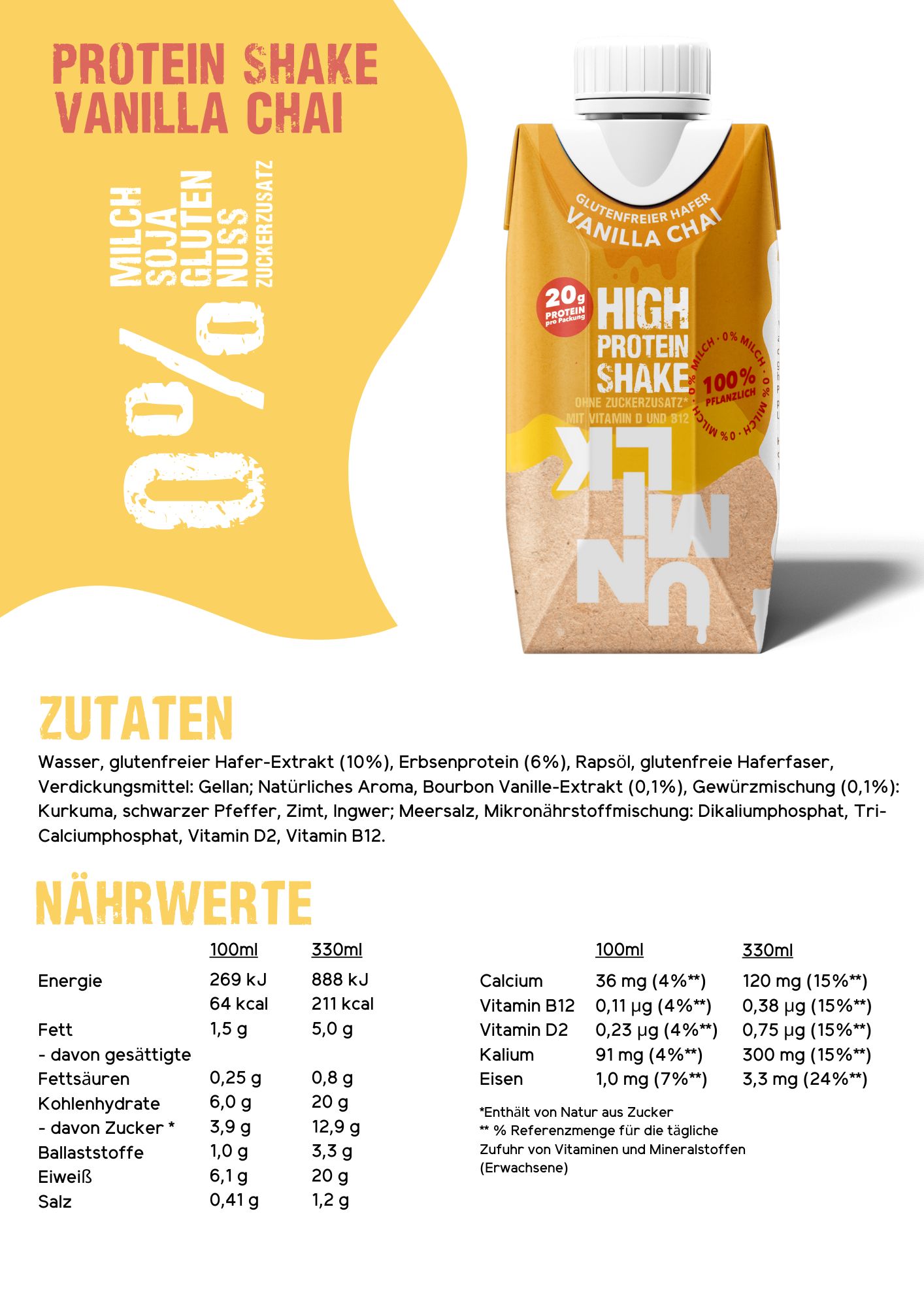 UNMILK High Protein Shake Vanilla Chai. Nährwertangaben und Zutatenliste. Aufschrift: 20g Protein, glutenfrei, 100% pflanzlich.