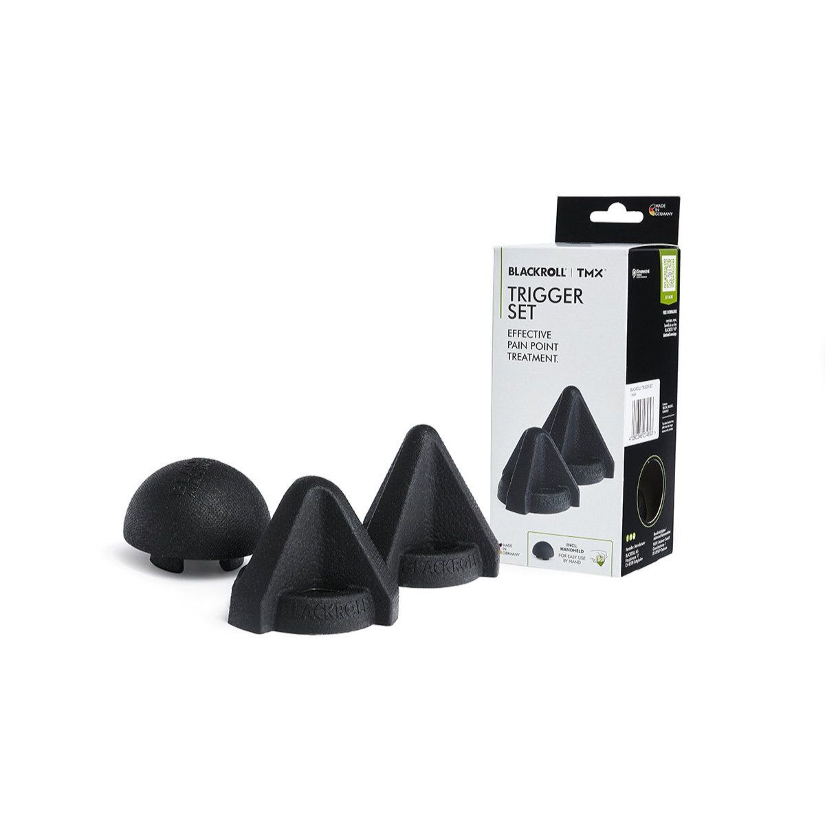 Schwarzes Trigger Set mit Verpackung. Enthält drei kegelförmige und einen halbkugelförmigen Trigger. Verpackung mit Produktname und Logo.